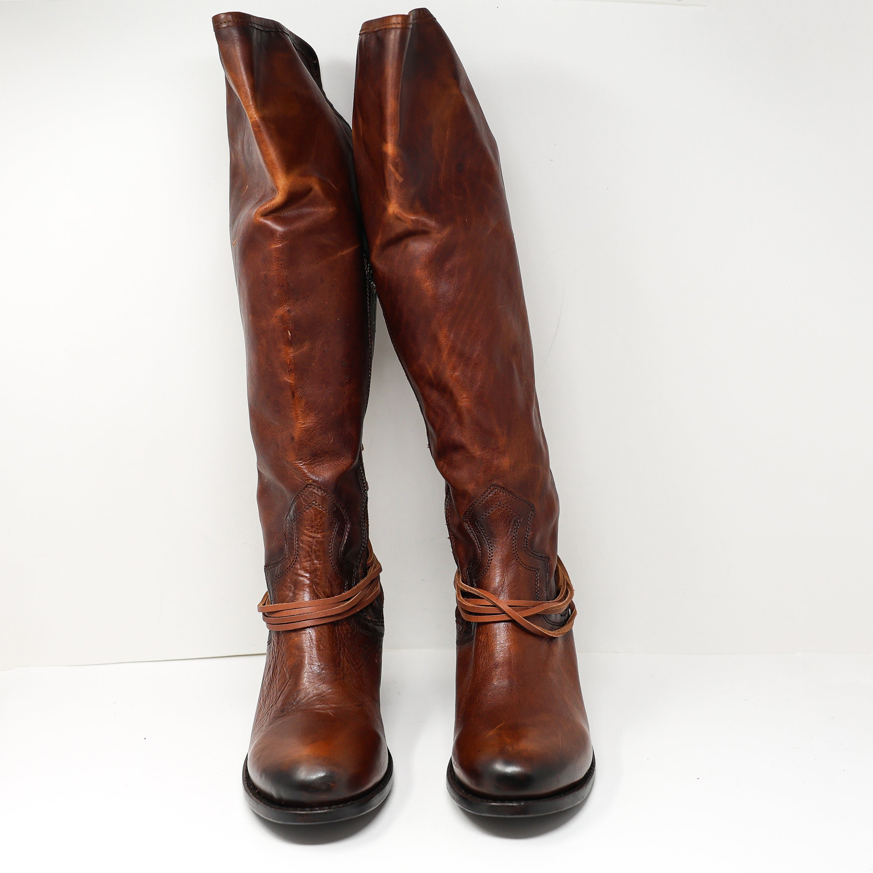 NEW Freebird Coal Leather Block Heel Lace Up Over The Knee Boots Shoes Cognac 12