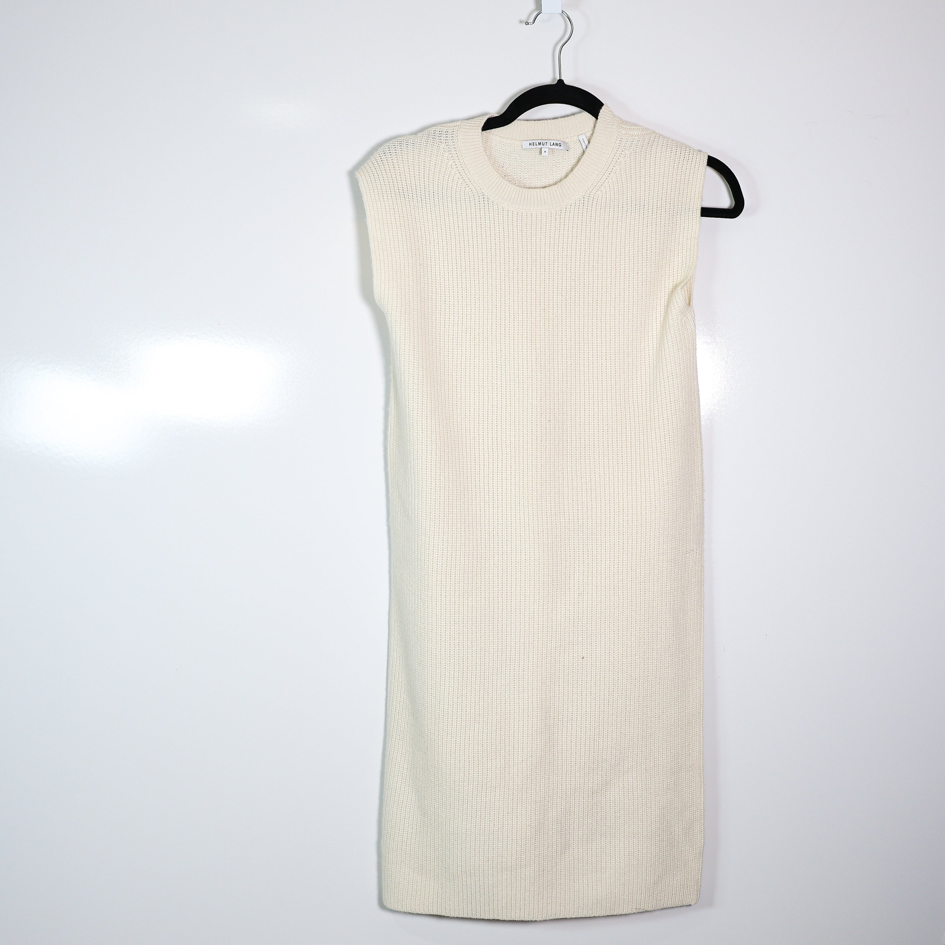 Helmut Lang Wool Cashmere Knit Stretch Crew Neck Sleeveless Sweater Dress Ivory