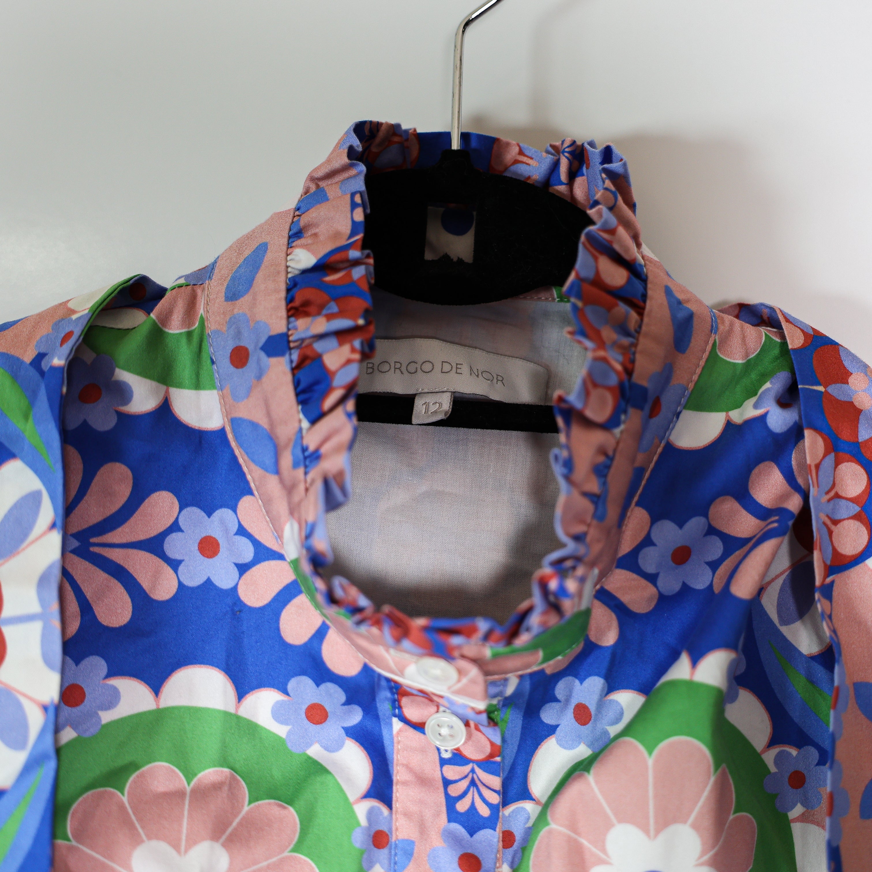 Borgo De Nor Cotton Poplin Geometric Print Pattern Belted Tiered Maxi Dress 12