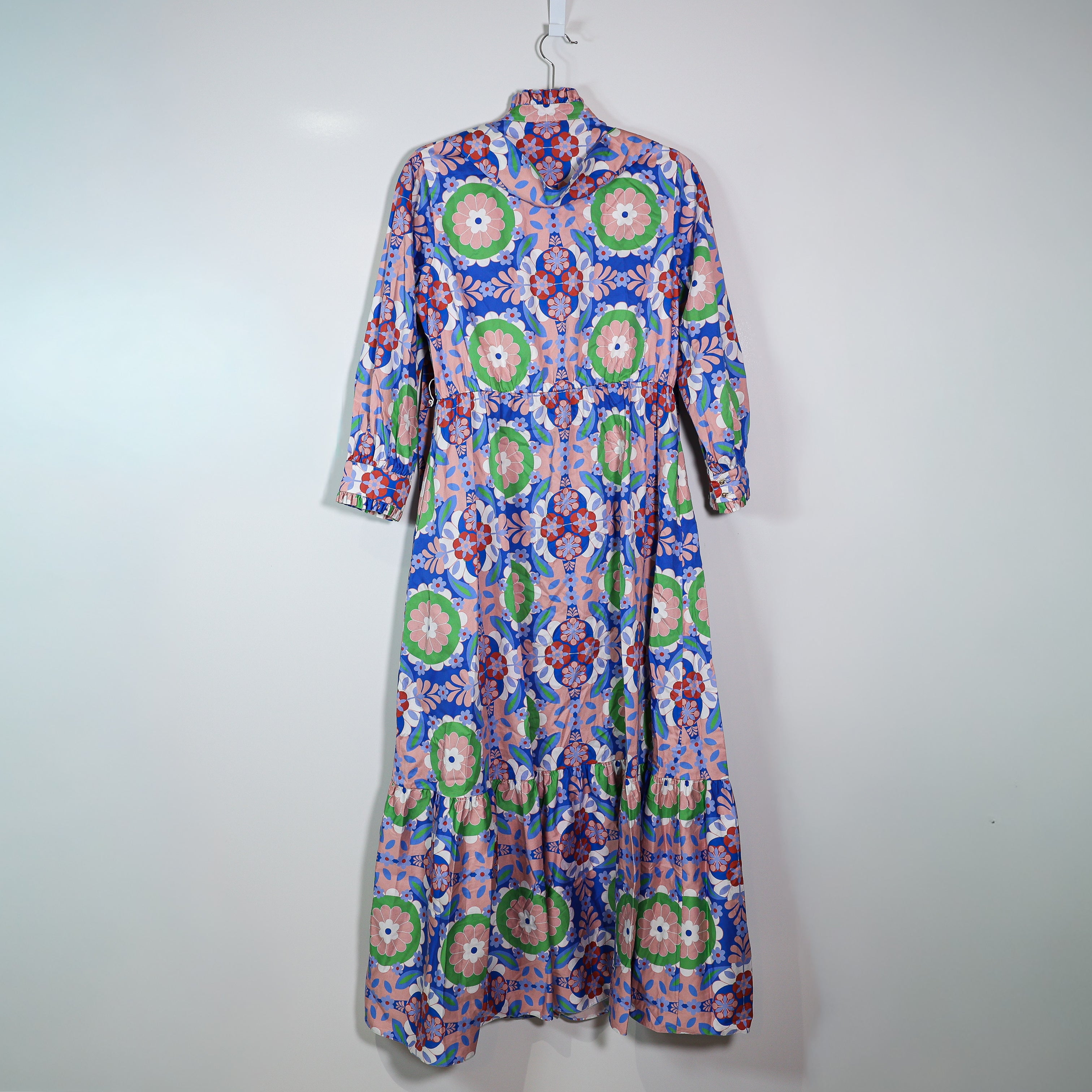 Borgo De Nor Cotton Poplin Geometric Print Pattern Belted Tiered Maxi Dress 12