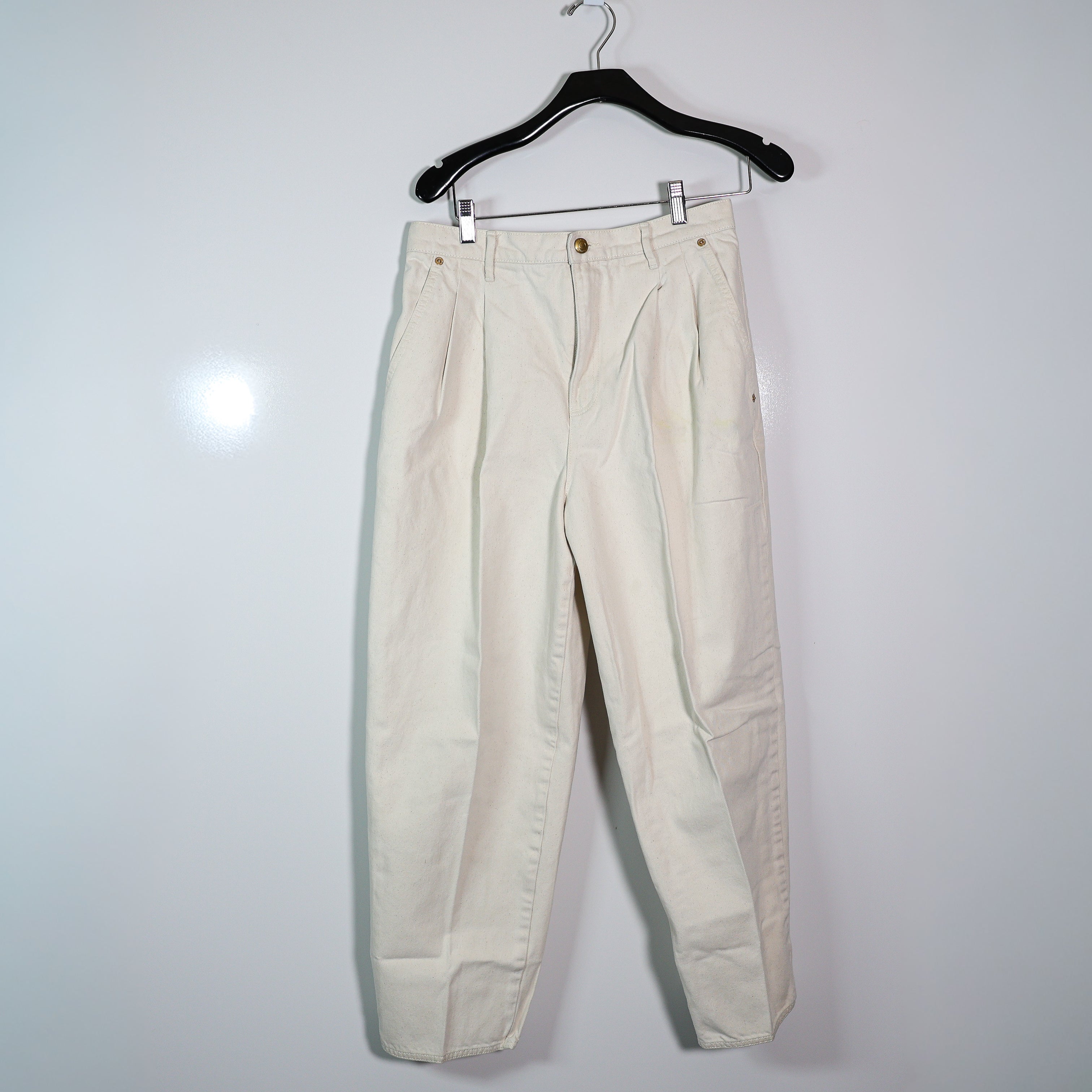 Tory Burch Cotton Pleated Front Straight Leg Mid Rise Jeans Pants Ivory 28