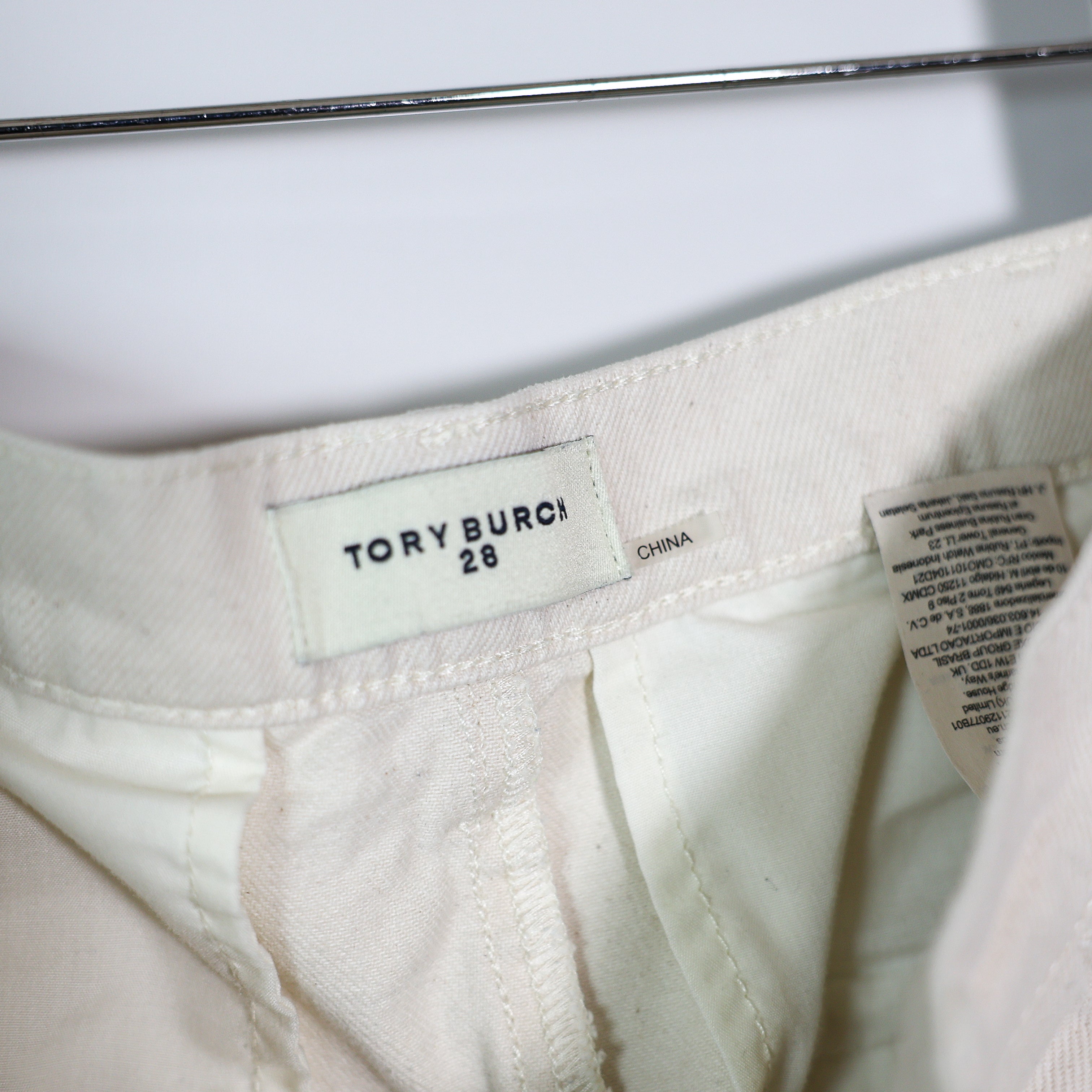 Tory Burch Cotton Pleated Front Straight Leg Mid Rise Jeans Pants Ivory 28