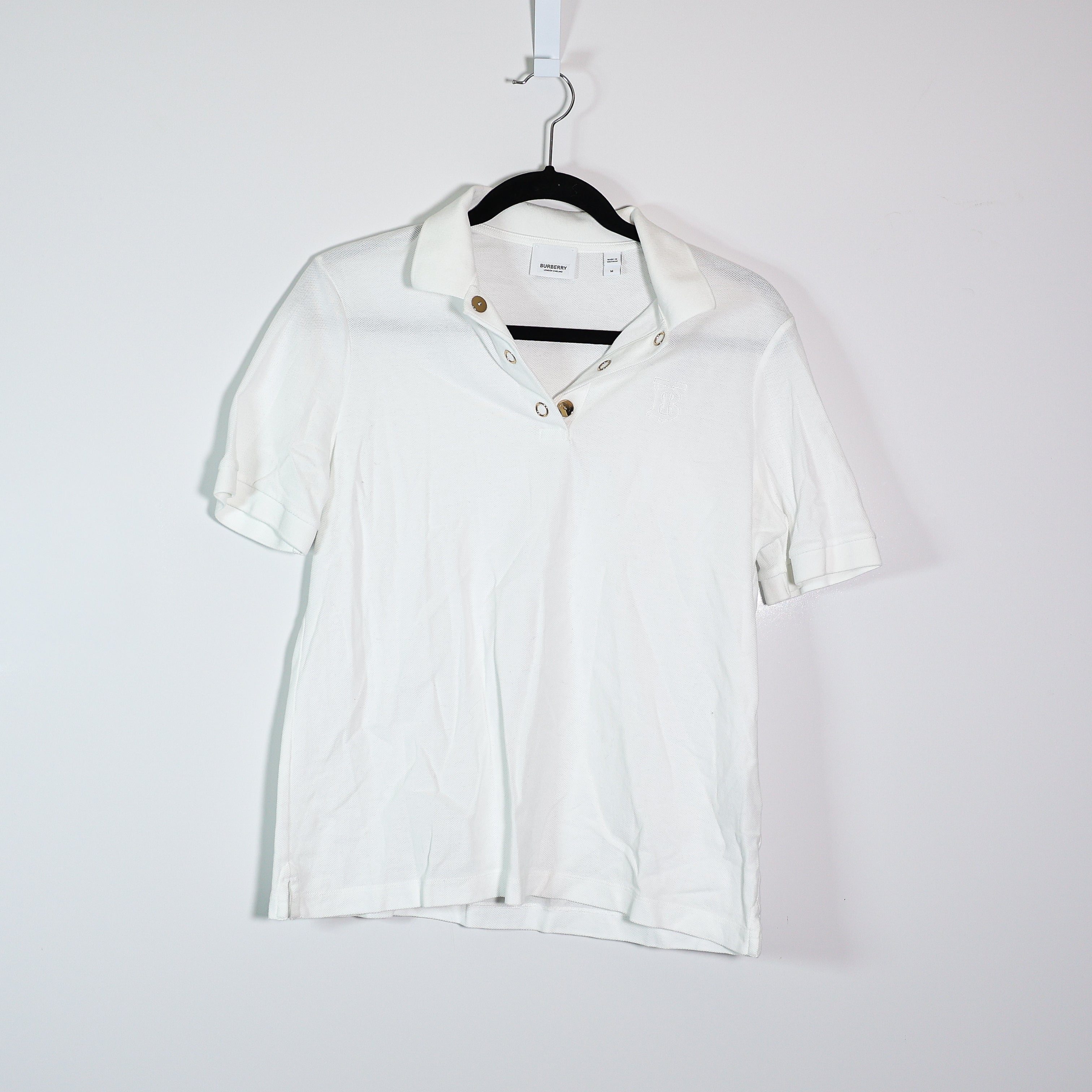 Burberry Women's Cotton Embroidered Logo Short Sleeve Polo Shirt Top White M