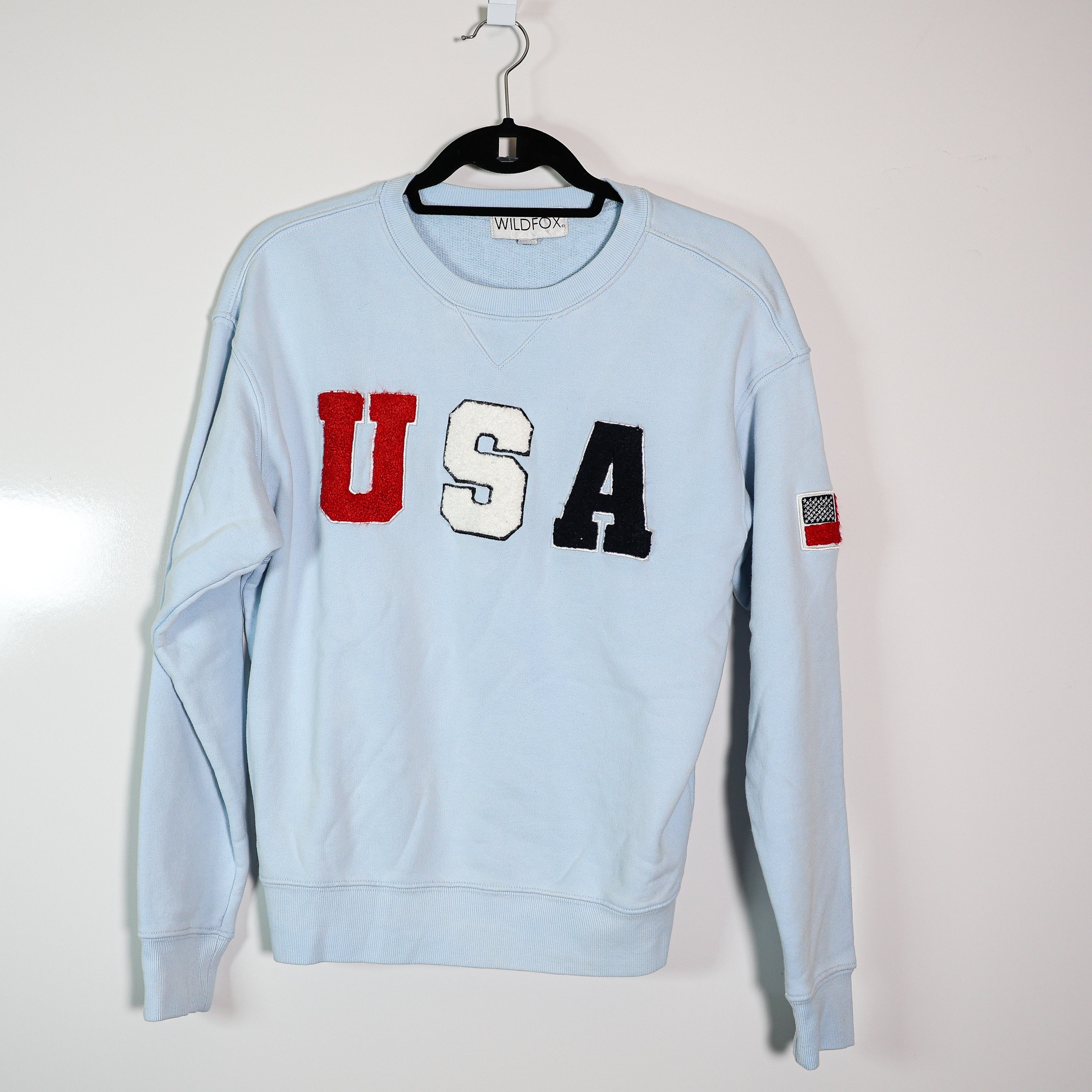 Wildfox USA Graphic Embroidered Patch Crew Neck Cotton Sweatshirt Sweater Blue