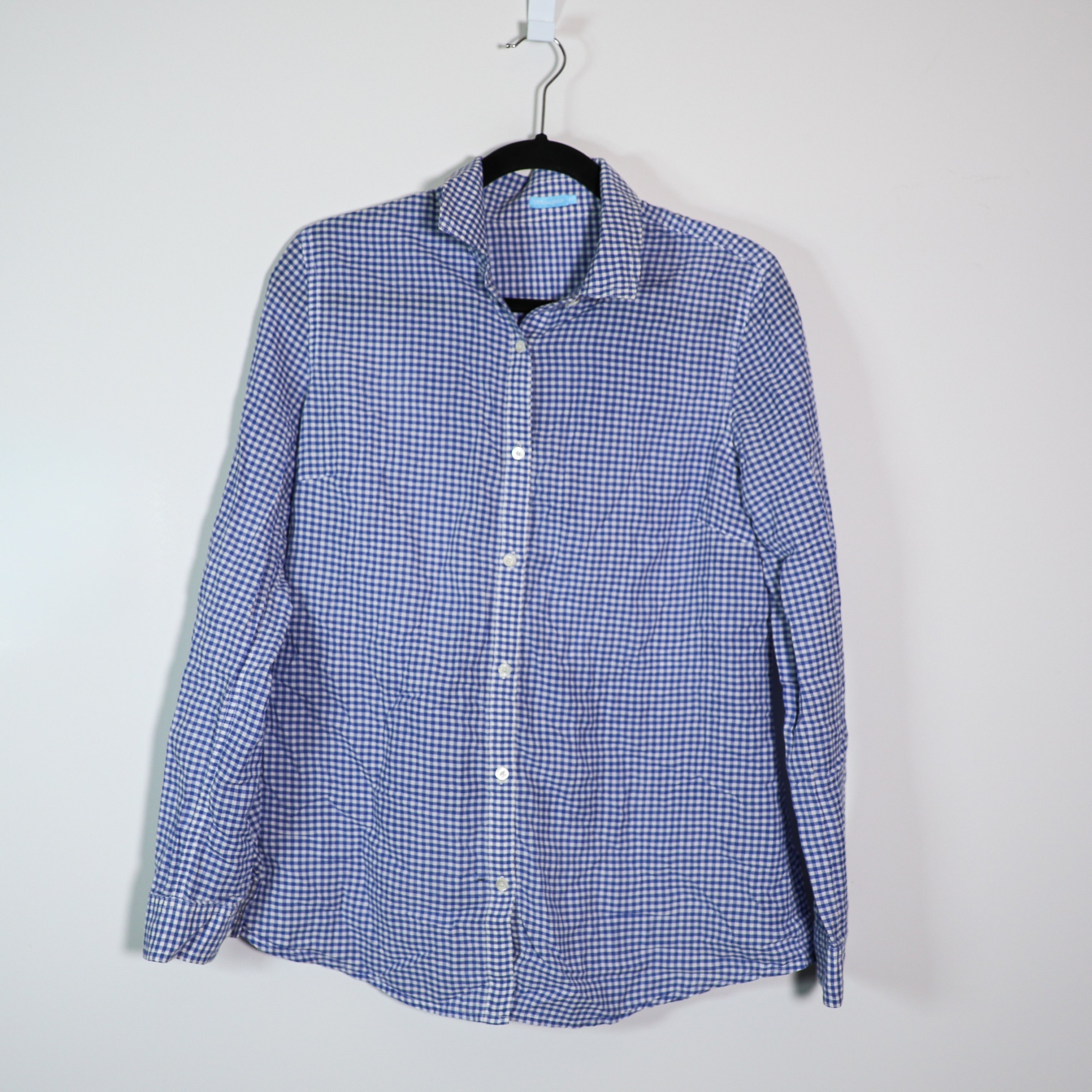 J. McLaughlin Women's Cotton Collared Button Front Blue White Gingham Blouse Top