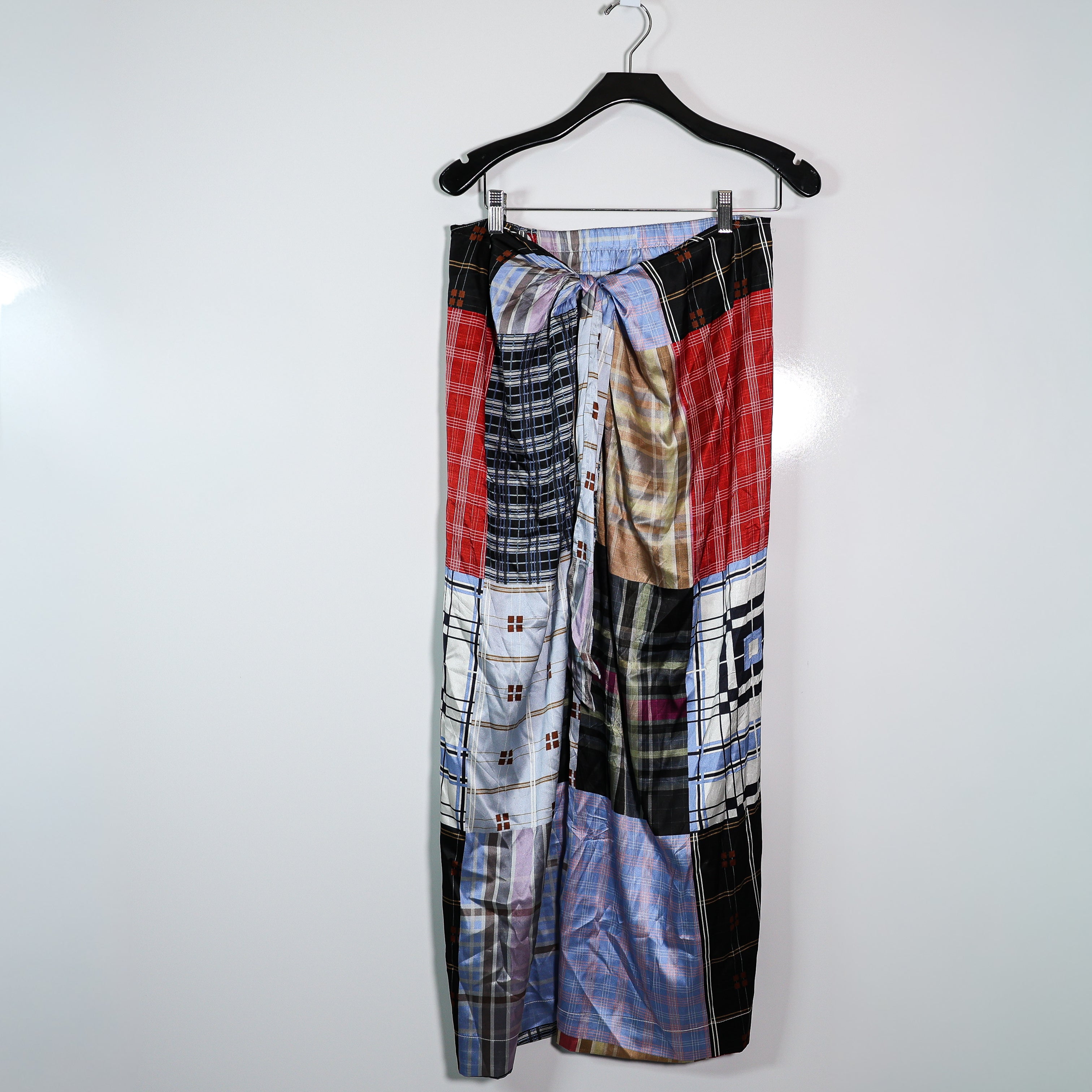 Ganni Tie Front Checked Stretch Silk Satin Midi Wrap Patchwork Print Skirt 40