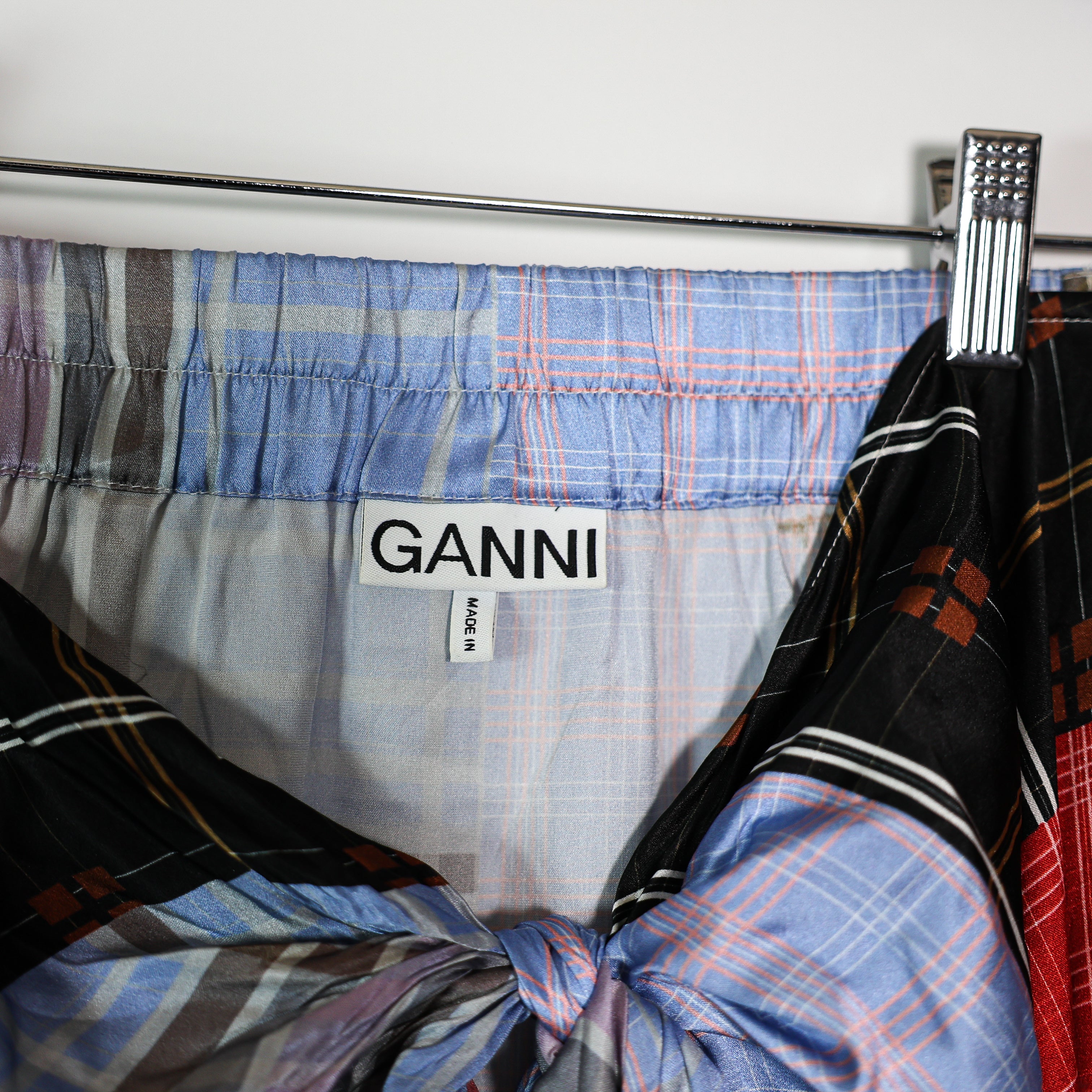 Ganni Tie Front Checked Stretch Silk Satin Midi Wrap Patchwork Print Skirt 40