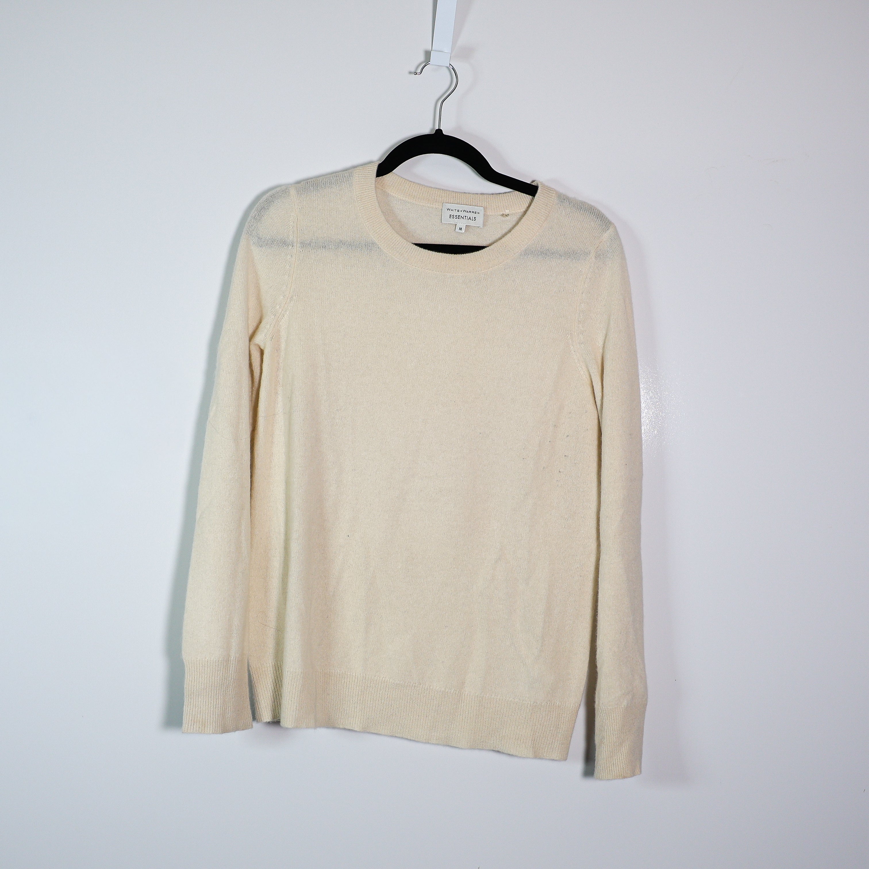 White + Warren Essentials 100% Cashmere Knit Crew Neck Long Sleeve Sweater Ivory