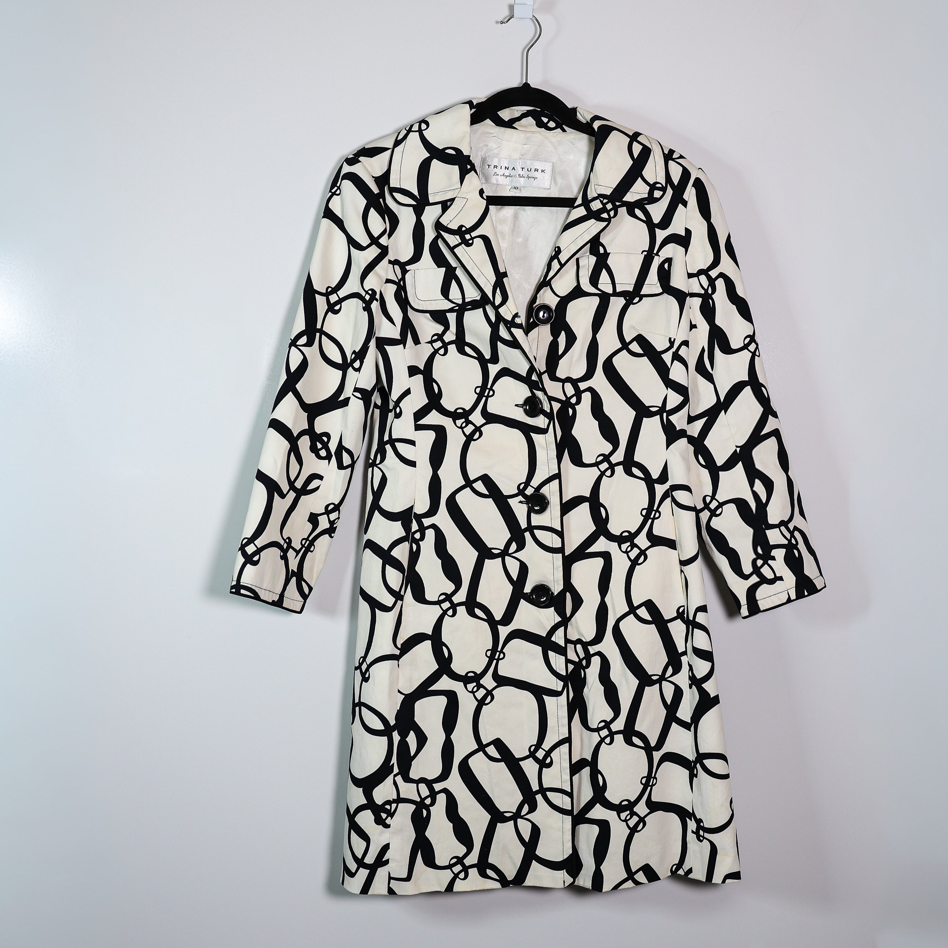 Trina Turk Women's Abstract Chain Link Print Pattern Button Front Trench Coat 10