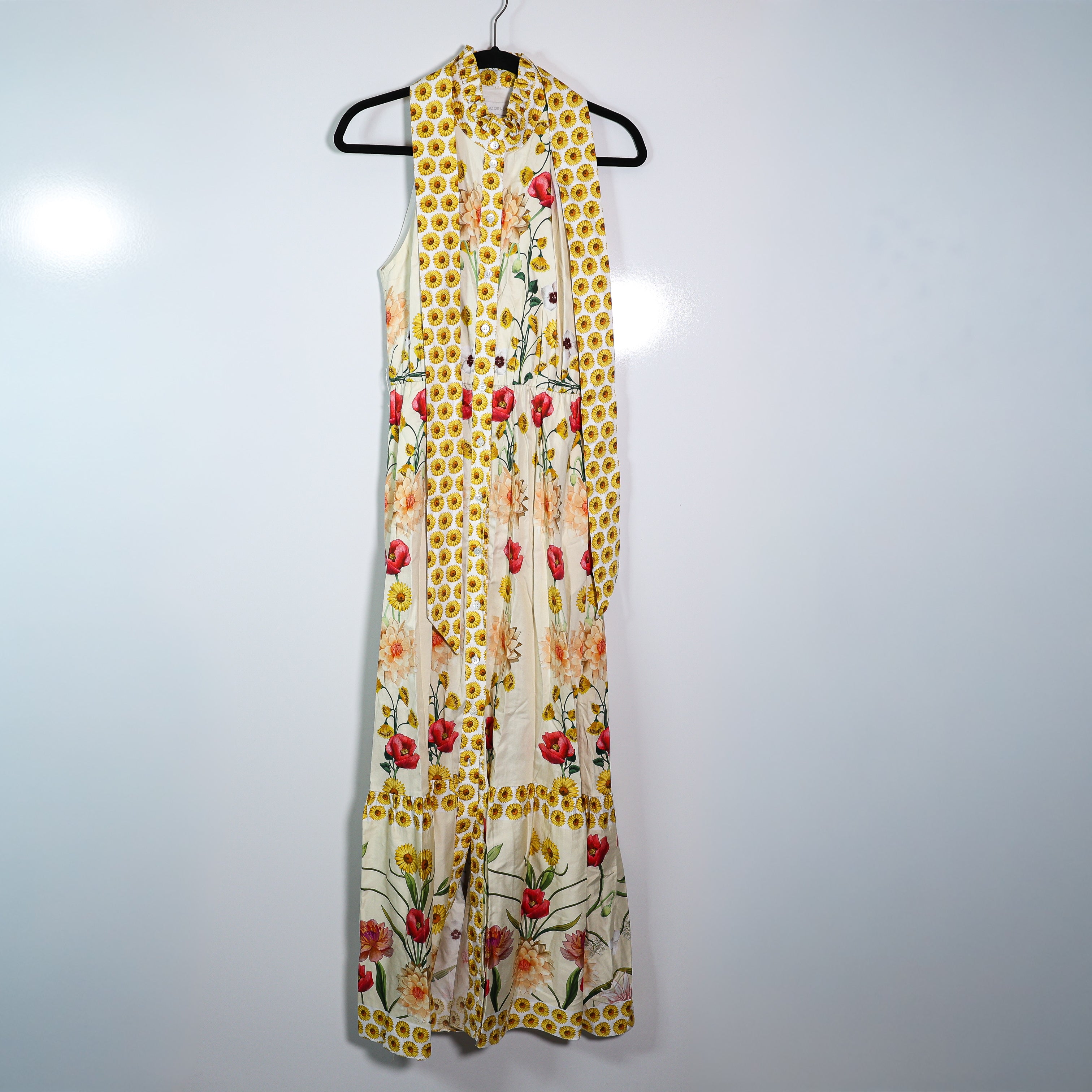 Borgo De Nor Biba Belted Sunflower Printed Cotton Button Front Tiered Midi Dress