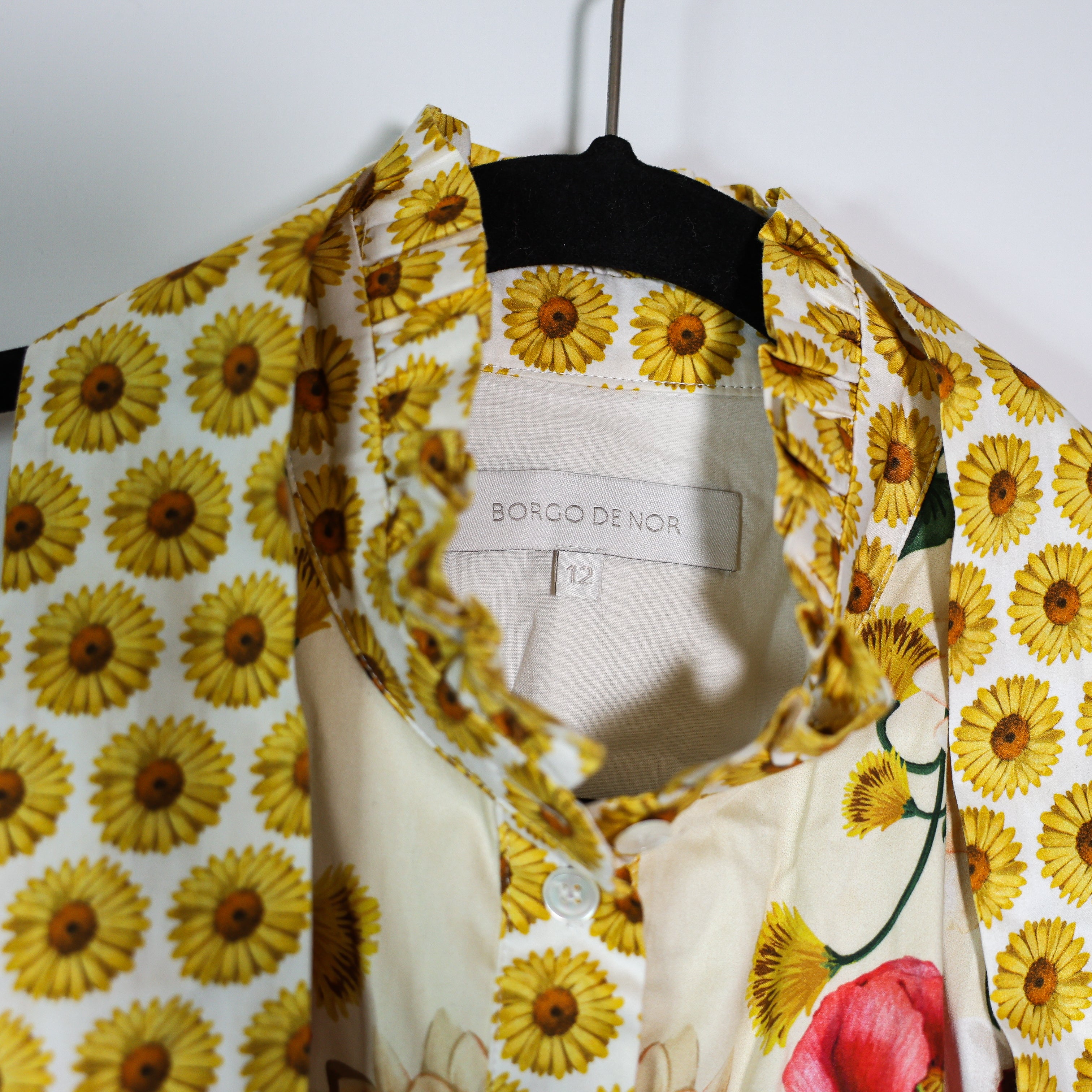 Borgo De Nor Biba Belted Sunflower Printed Cotton Button Front Tiered Midi Dress