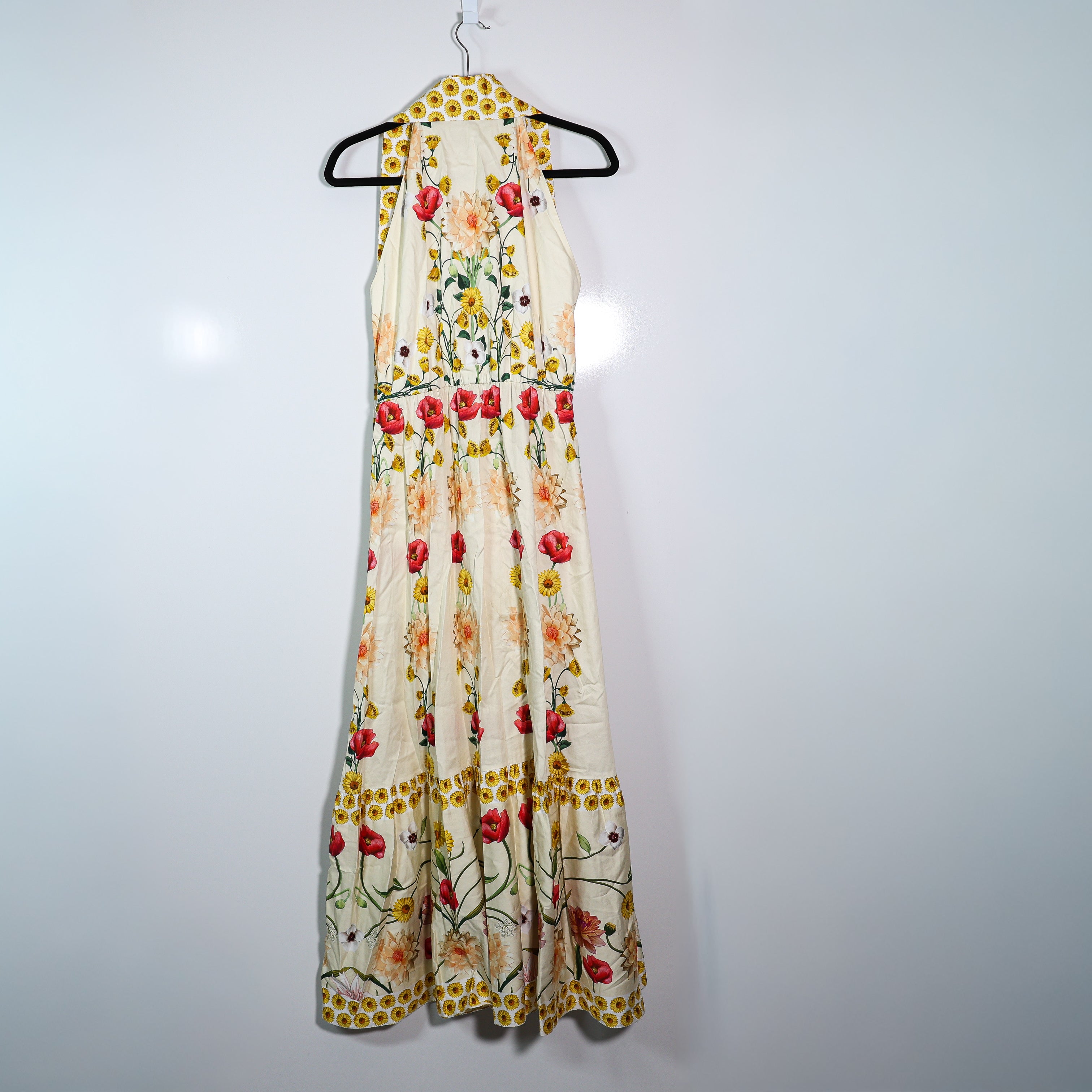 Borgo De Nor Biba Belted Sunflower Printed Cotton Button Front Tiered Midi Dress