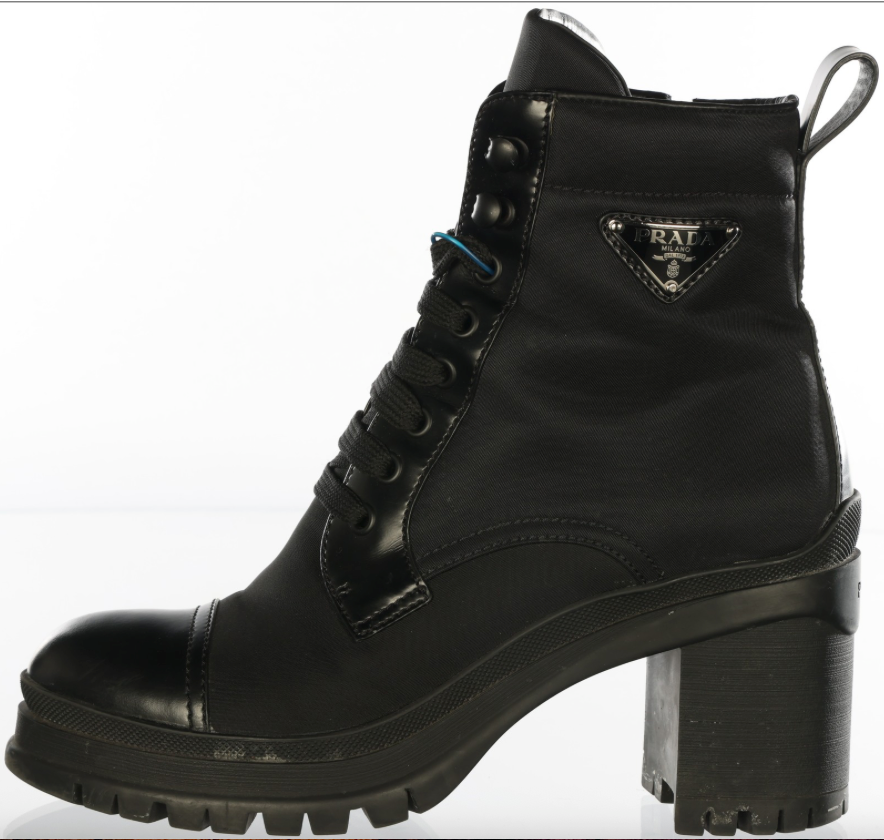 Prada Women's Re-Nylon And Leather Block Heel Ankle Combat Booties Boots Shoes