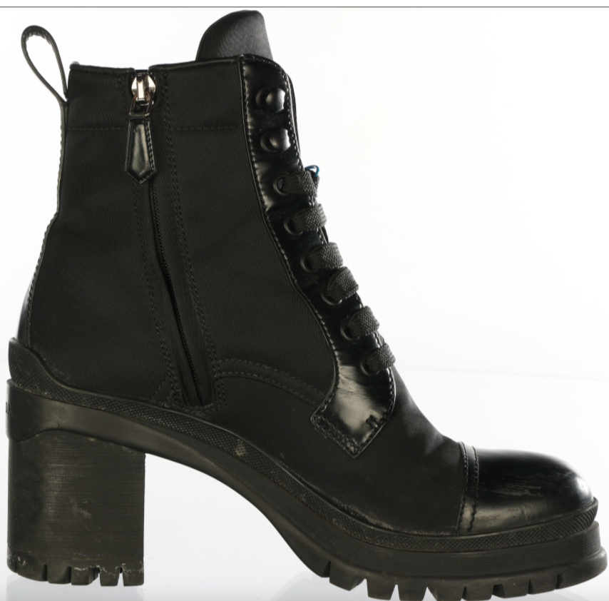 Prada Women's Re-Nylon And Leather Block Heel Ankle Combat Booties Boots Shoes