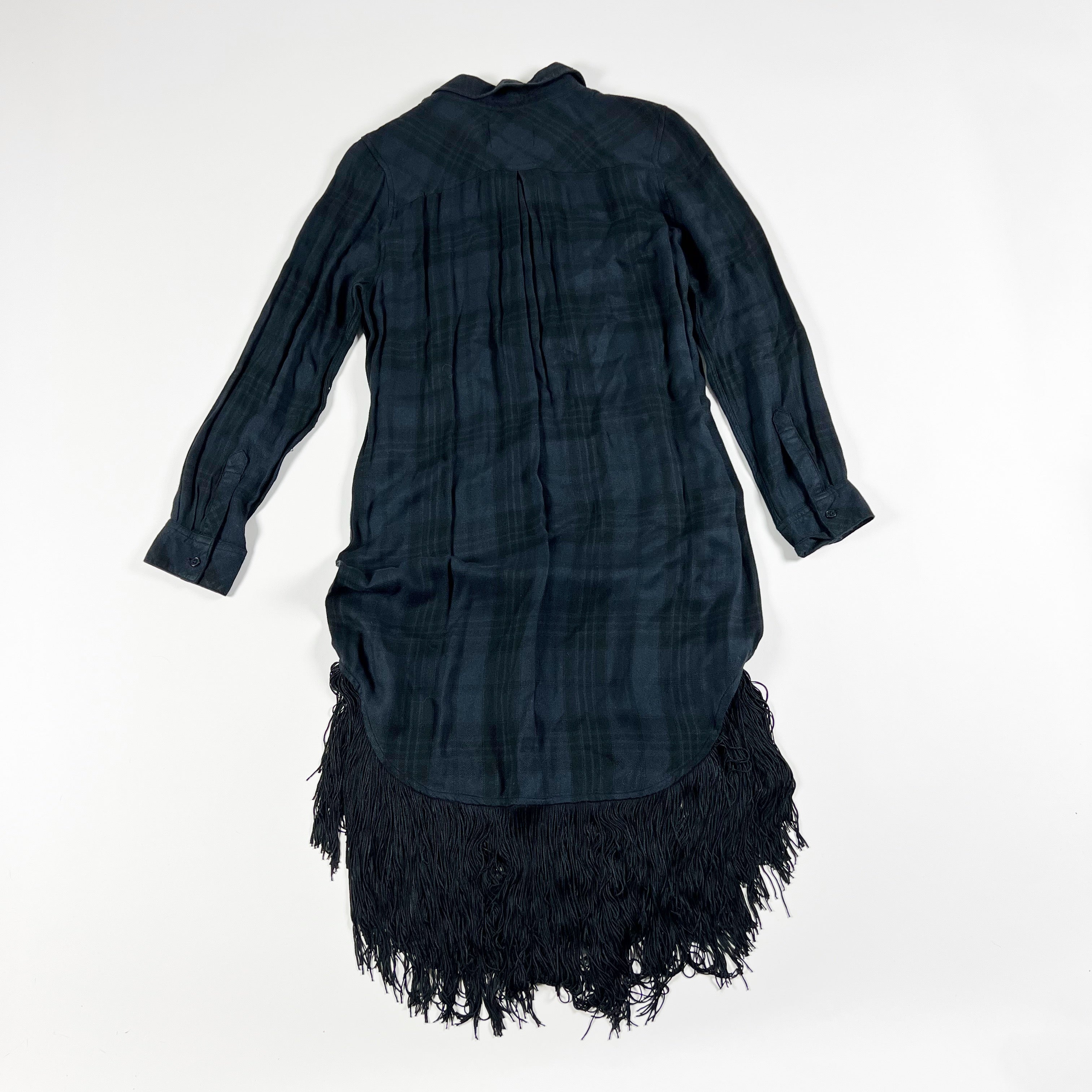 NEW Rails Pat Plaid Fringe Tassel Hem Collared Button Front Shirt Dress Black L
