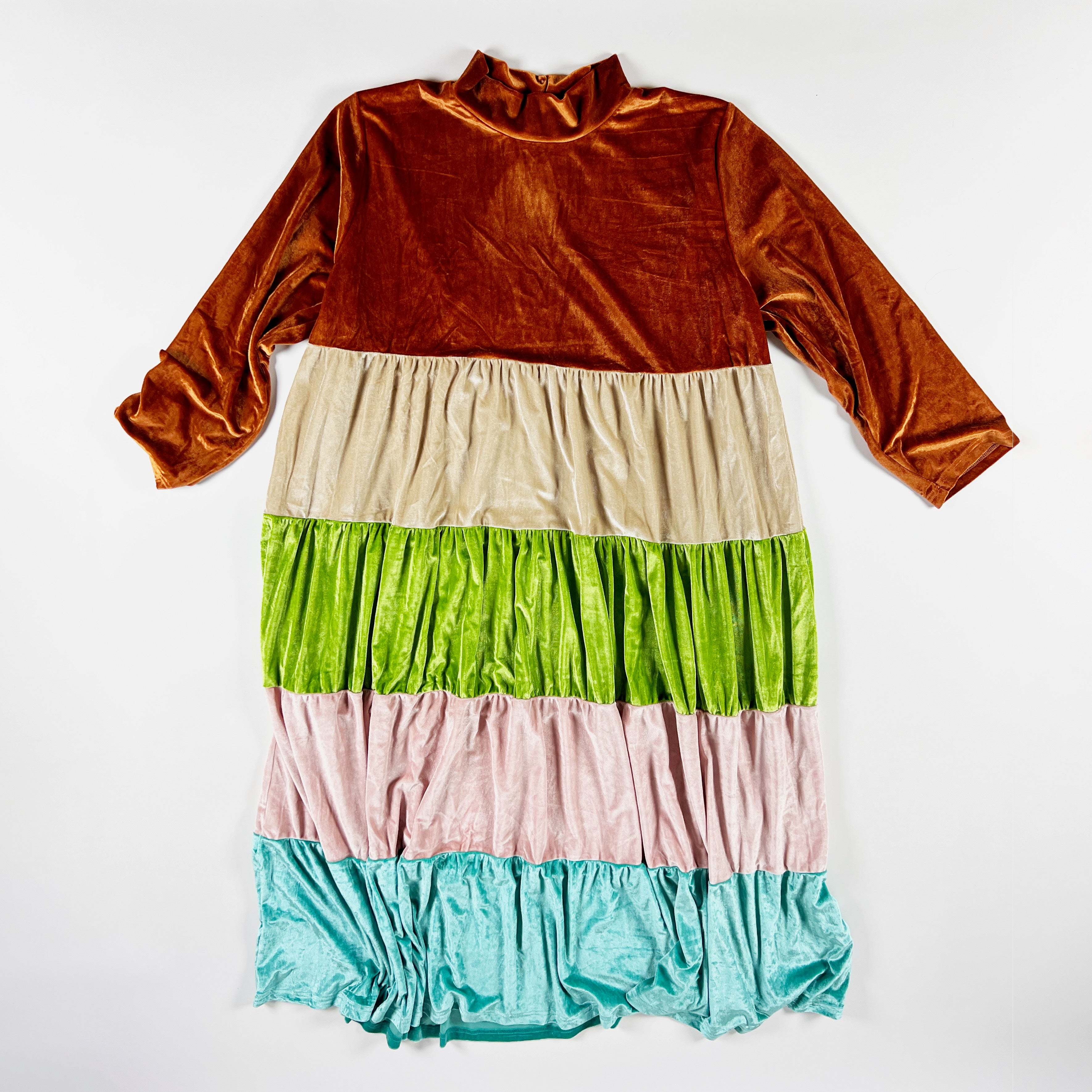 Vada Winter Rainbow Colorblock Velvet Velour Tiered Long Sleeve Midi Dress 2X