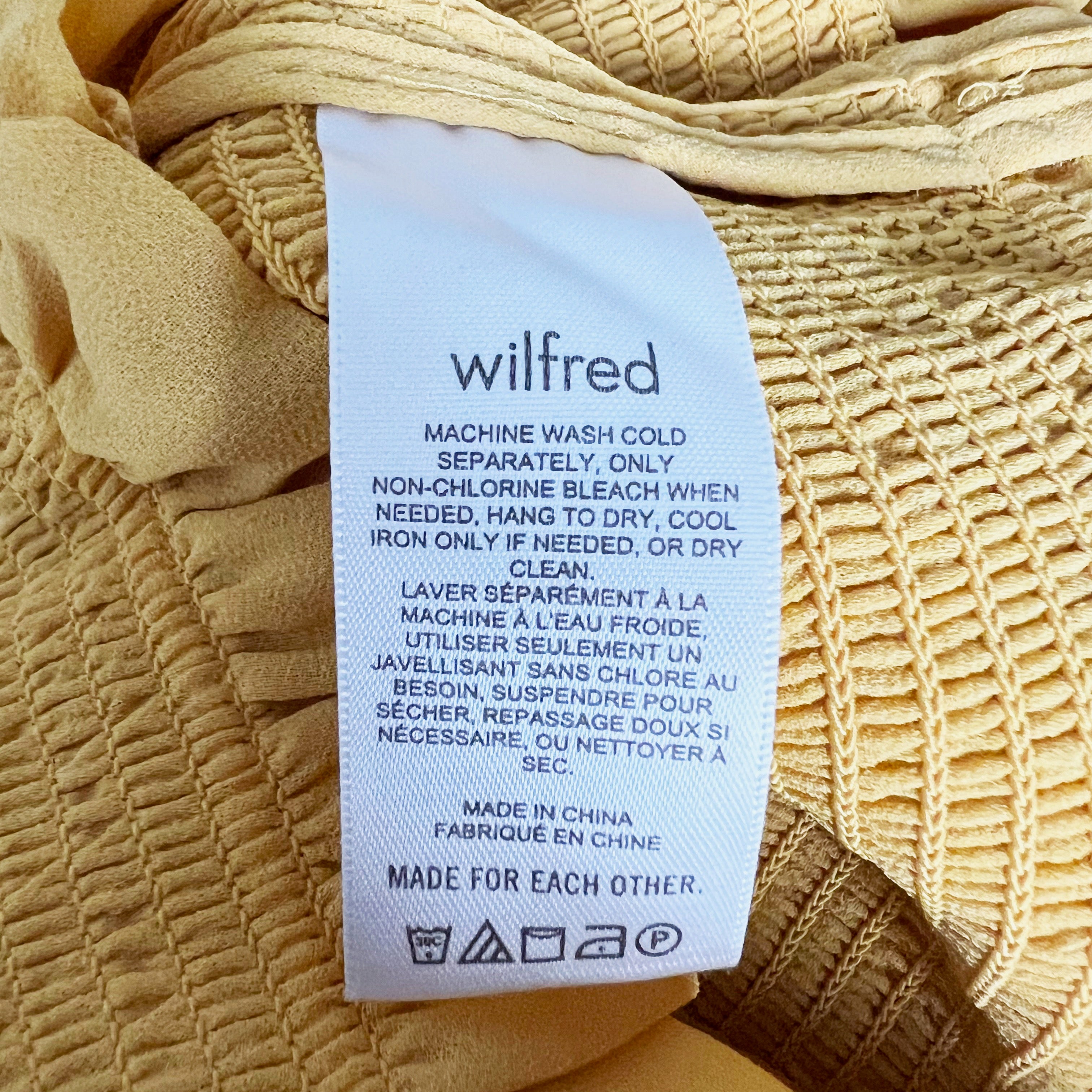 Wilfred Aritzia Tempest Smocked Stretch Chiffon Long Sleeve Ruffle Blouse Yellow