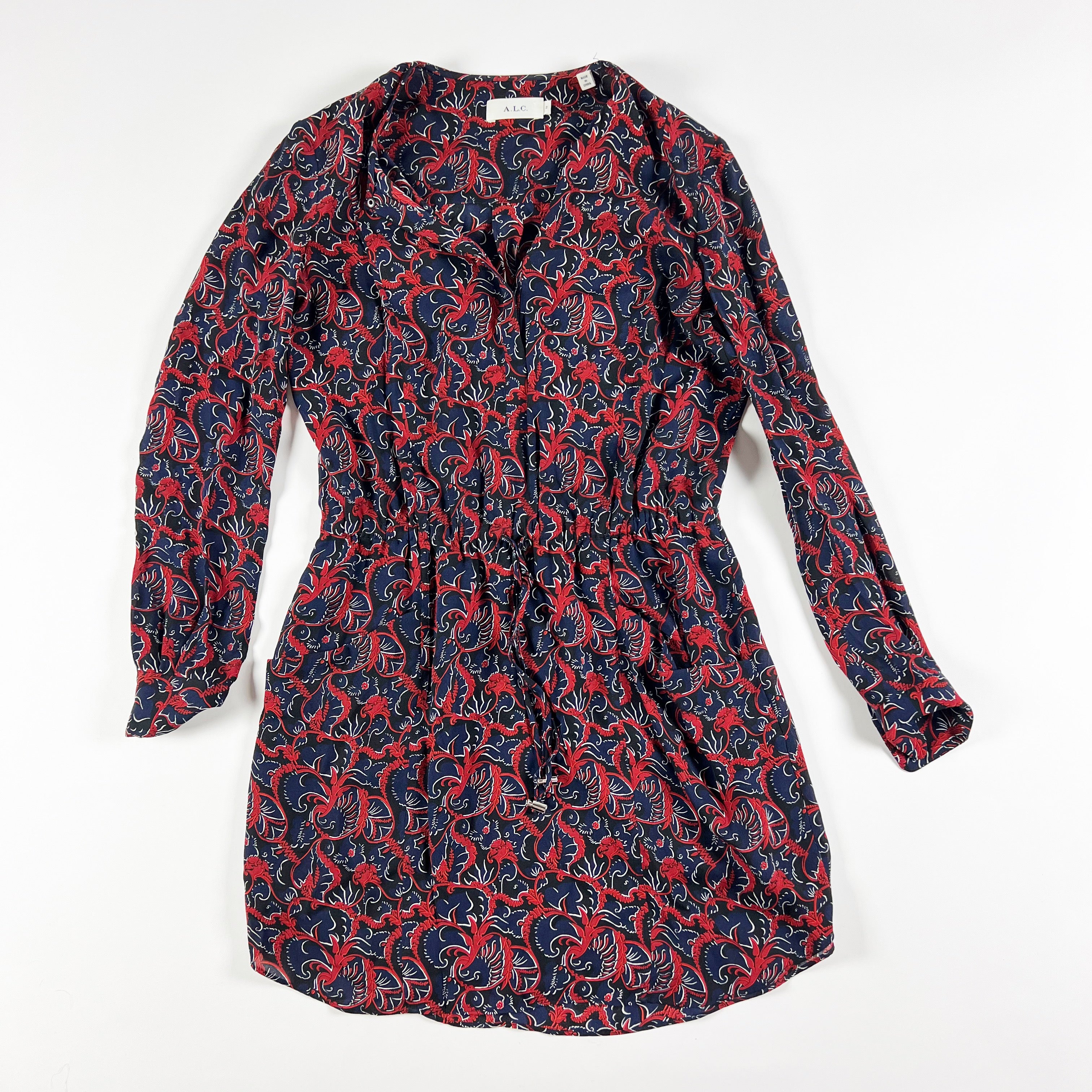 A.L.C. Silk Chiffon Red Blue Floral Flower Print Pattern Tie Waist Mini Dress 2