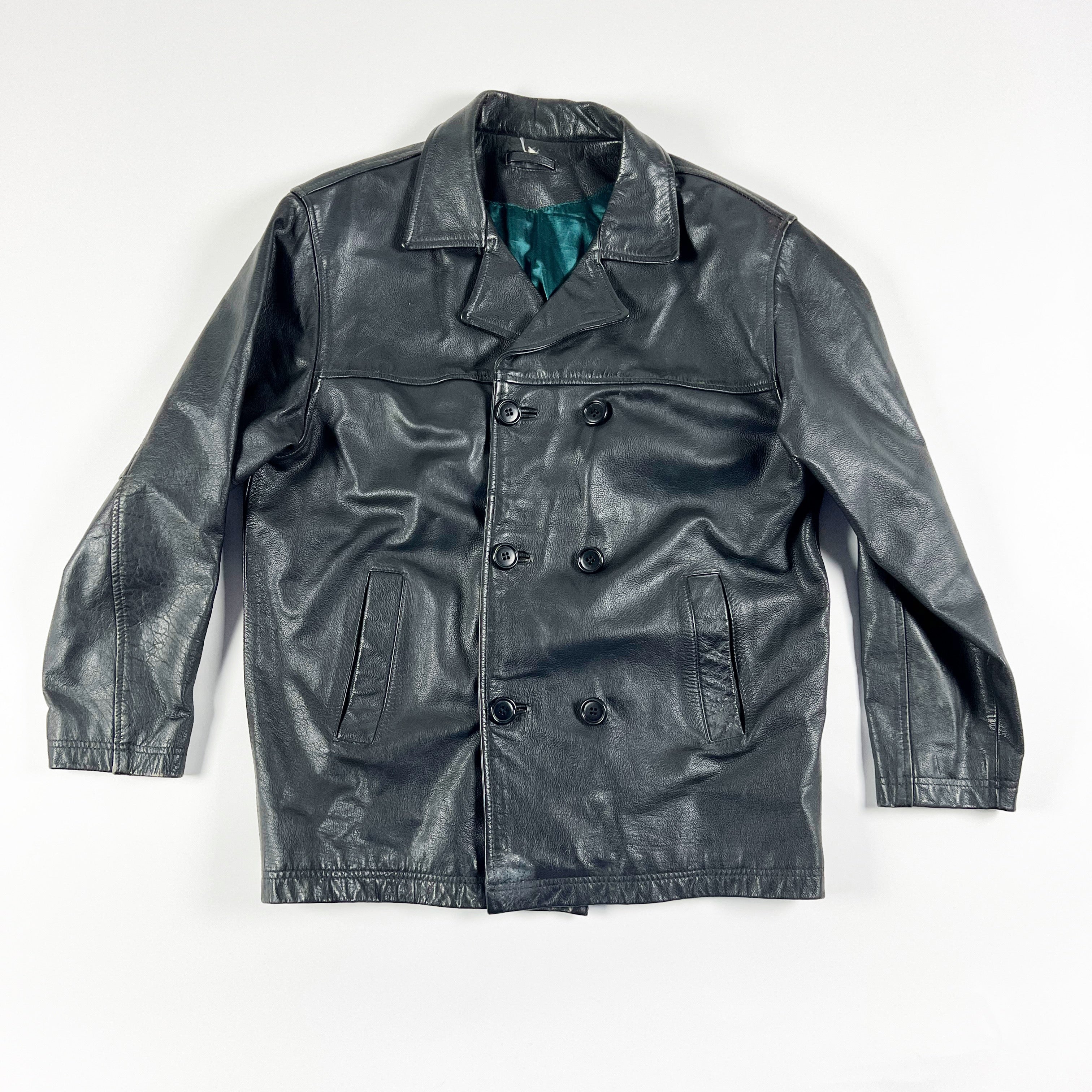 Blue Steel Genuine Leather Double Breasted Collared Jacket Coat Solid Black LG