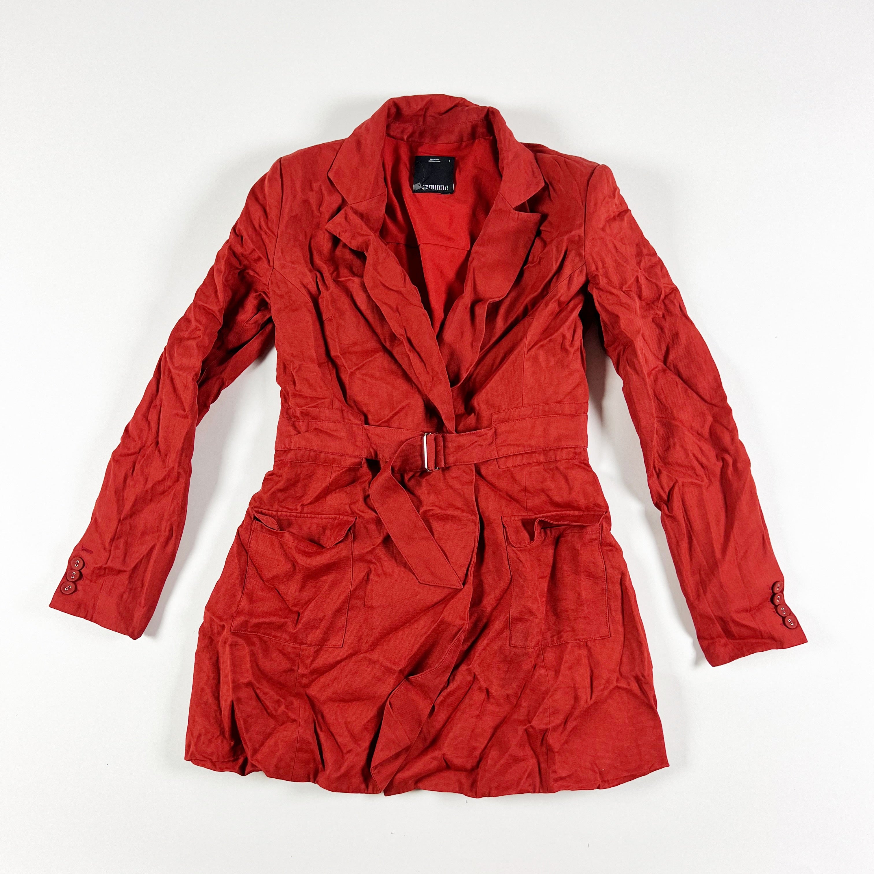 C/Meo Collective The Light Belted Collared Asymmetrical Ruffle Blazer Jacket Red
