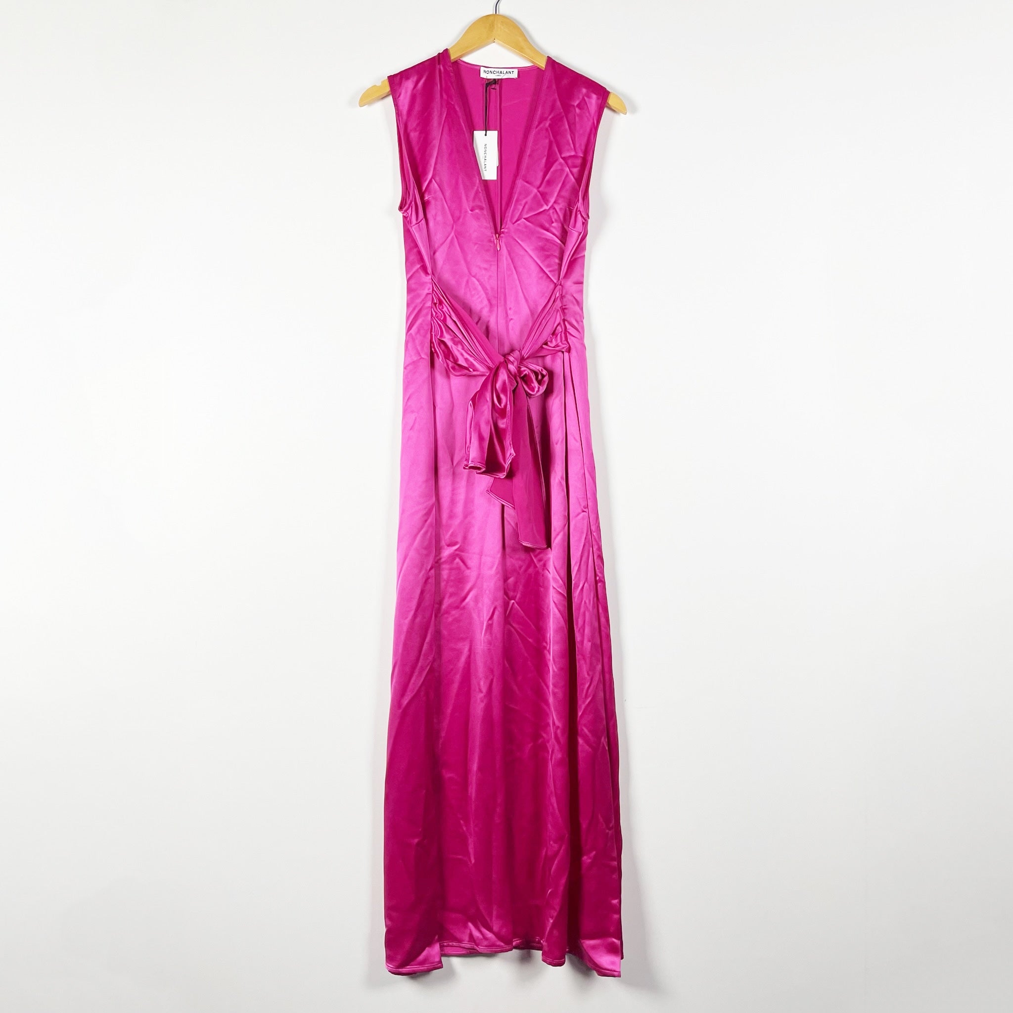 NEW Nonchalant Label Jana Hot Pink Satin Bow Tie Waist Sleeveless Jumpsuit Small