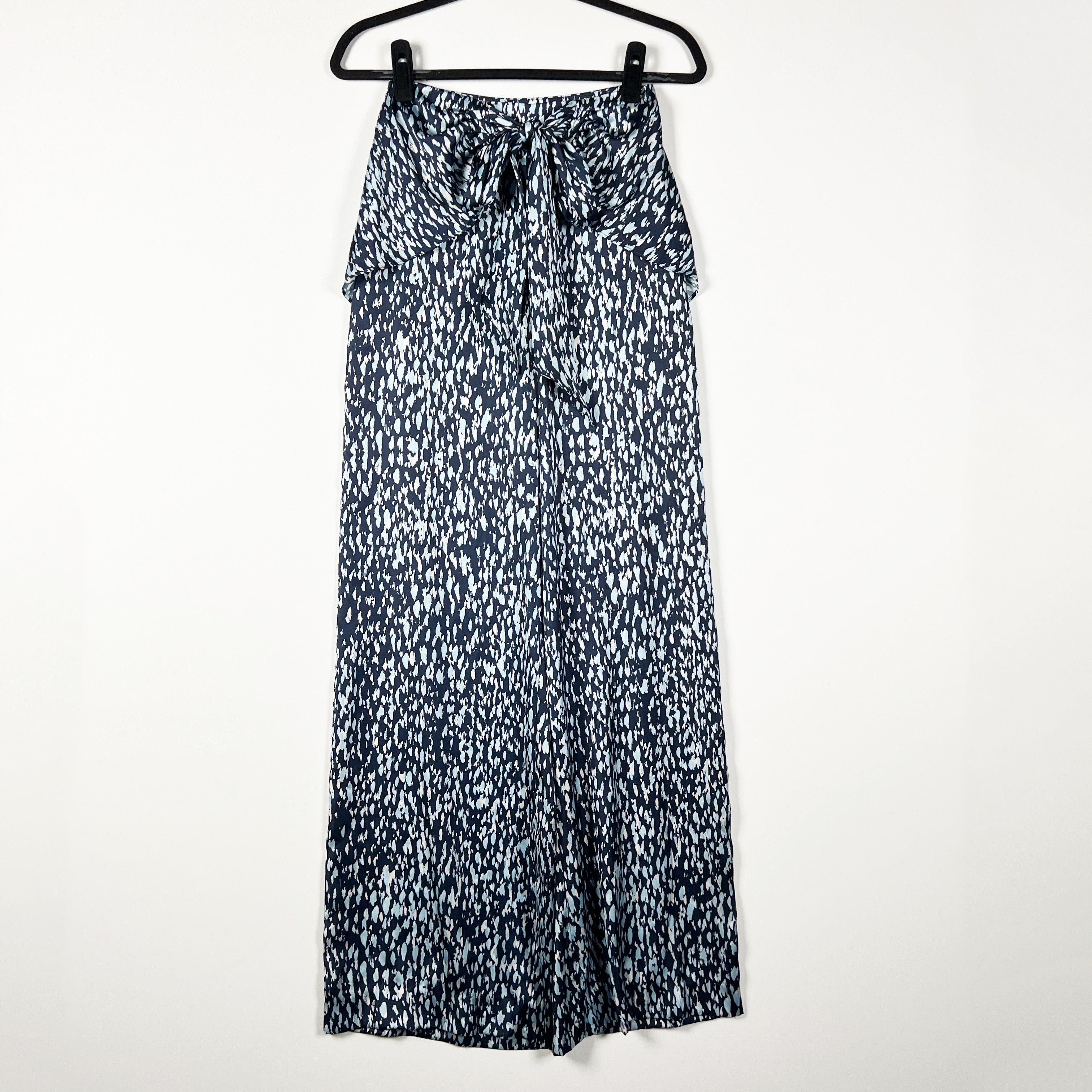 Ramy Brook Satin Blue Dolce Print Pattern Skirted Tie Waist Straight Leg Pants 0