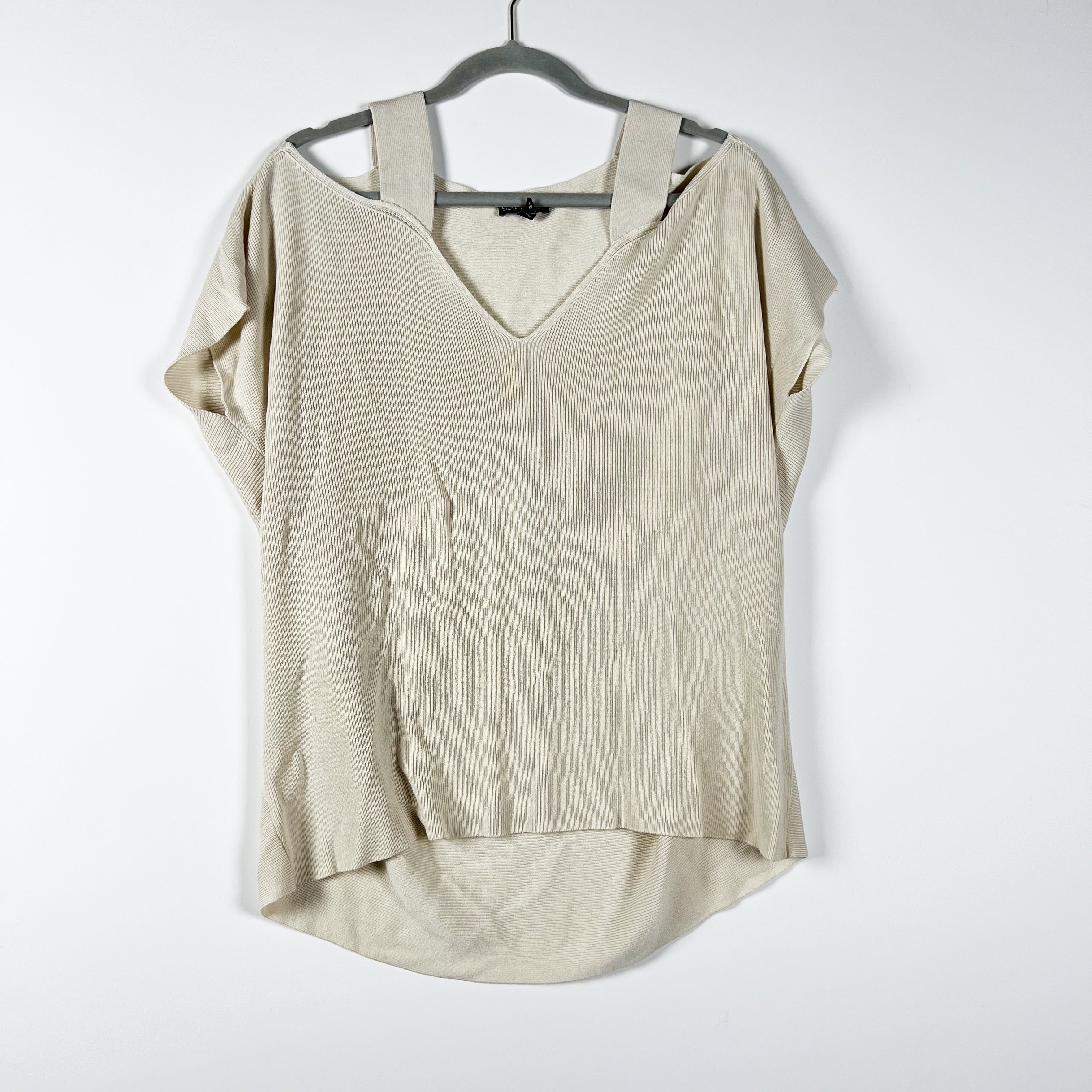 Eileen Fisher Ribbed Knit Stretch V Neck Cold Off The Shoulder Sweater Ivory L