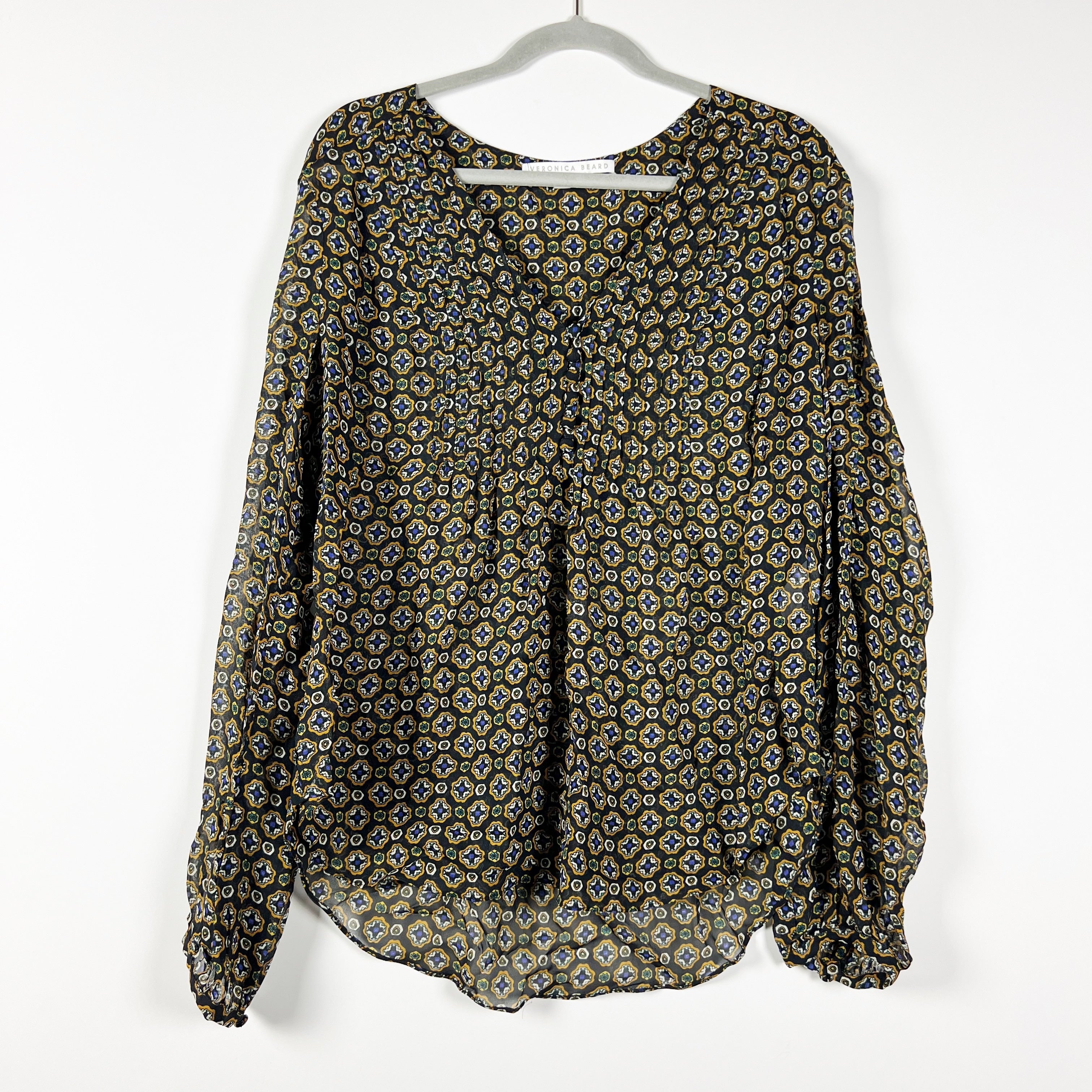 Veronica Beard Lowell Token Print Pattern Semi Sheer Lightweight Chiffon Blouse