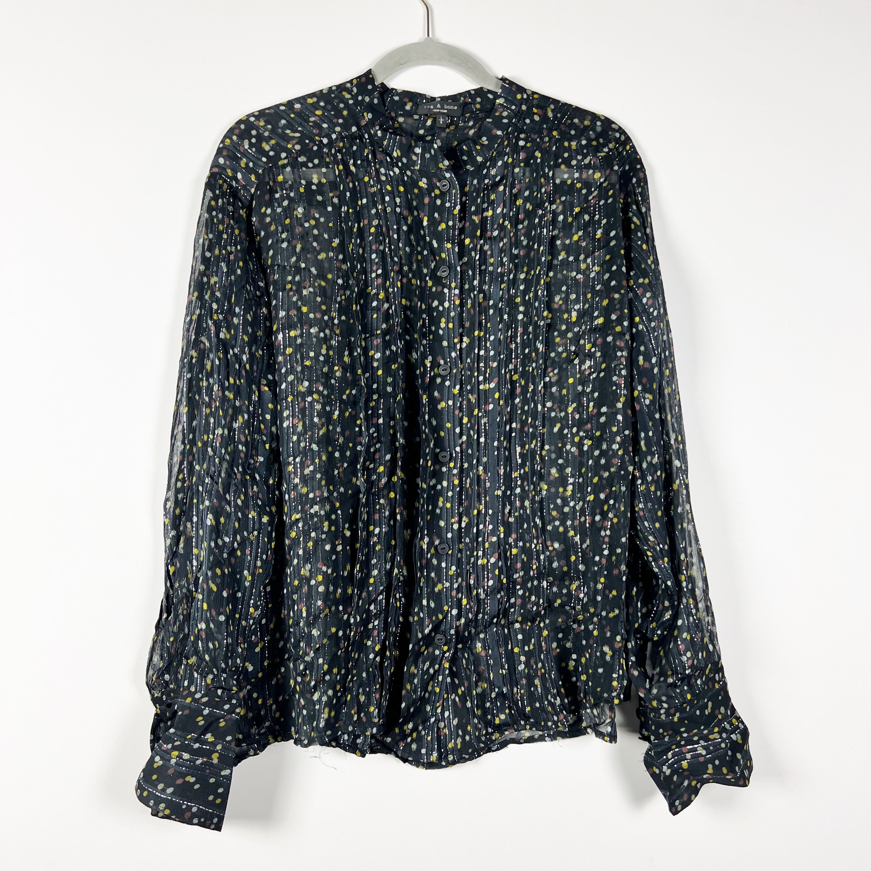 Rag & Bone Carina Button Up Collarless Silk Chiffon Metallic Polka Dot Blouse L