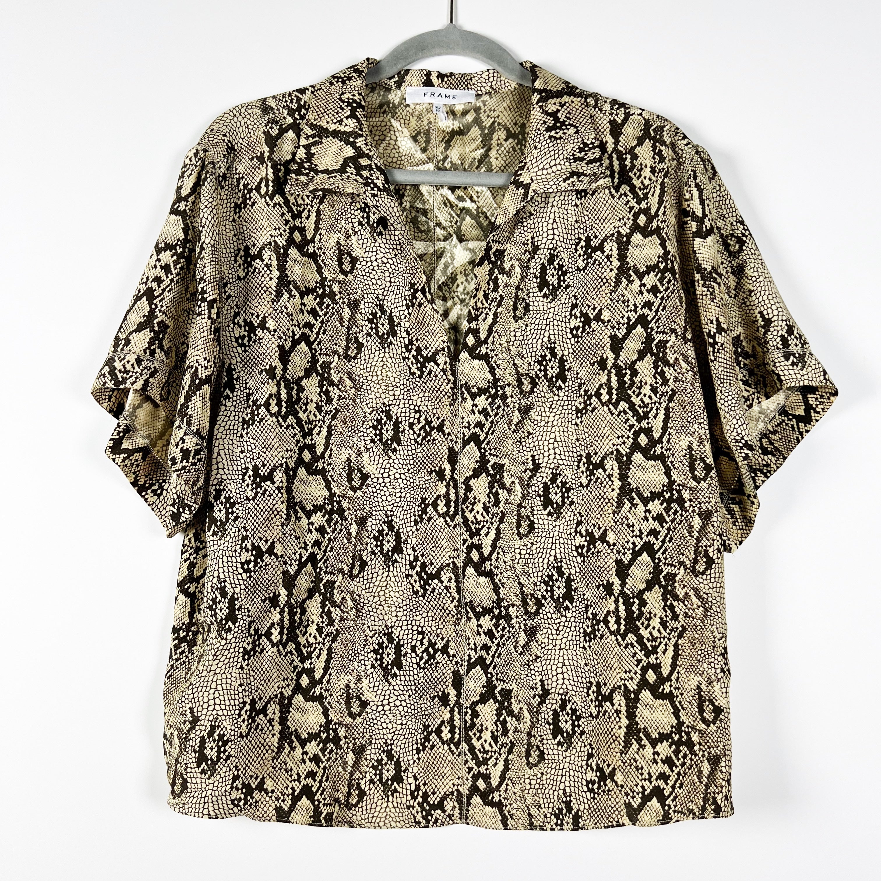 Frame VNeck Ladder Stitch Popover Silk Satin Short Sleeve Snake Python Blouse XL