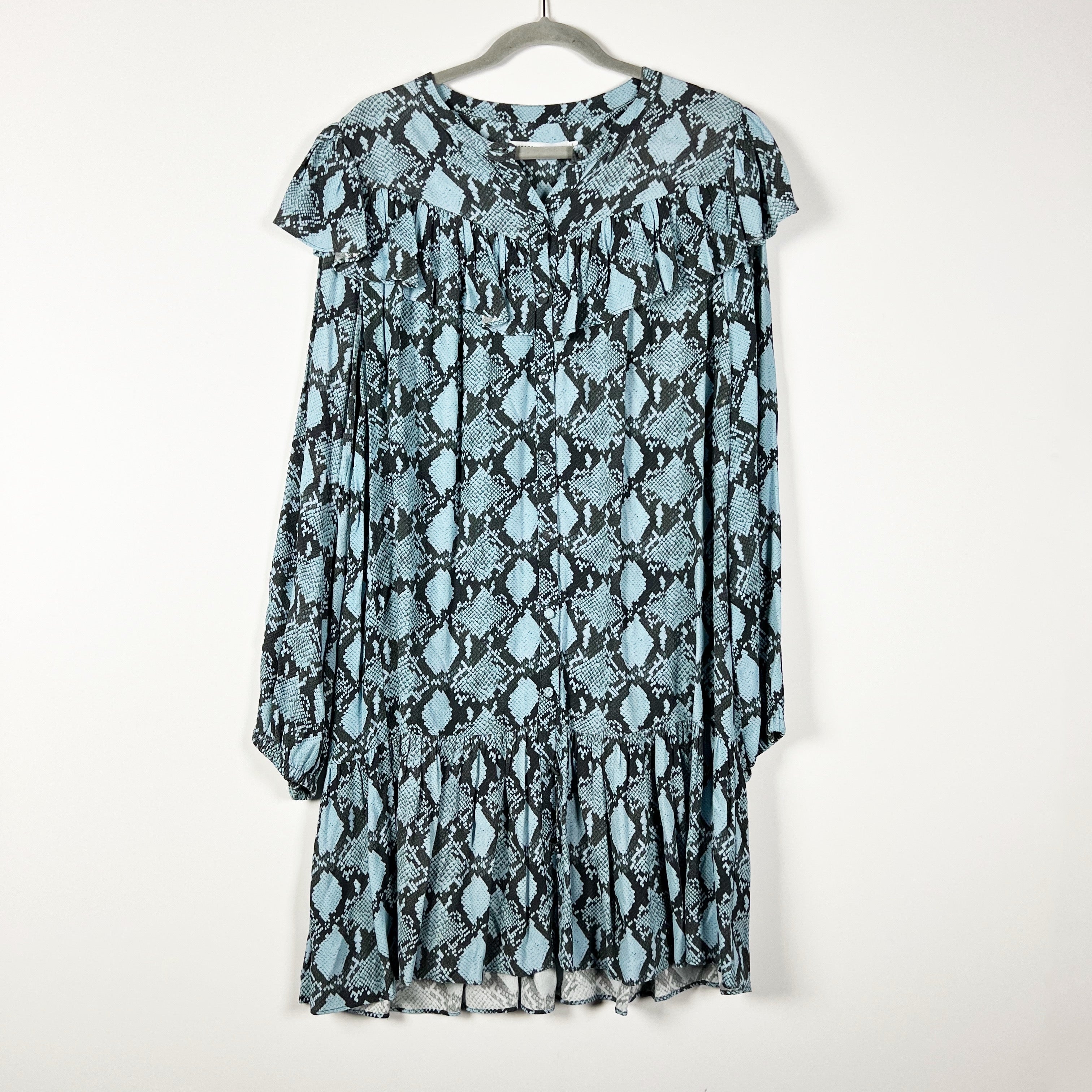 Rebecca Minkoff Miley Snake Python Animal Pattern Chiffon Ruffle Mini Dress L