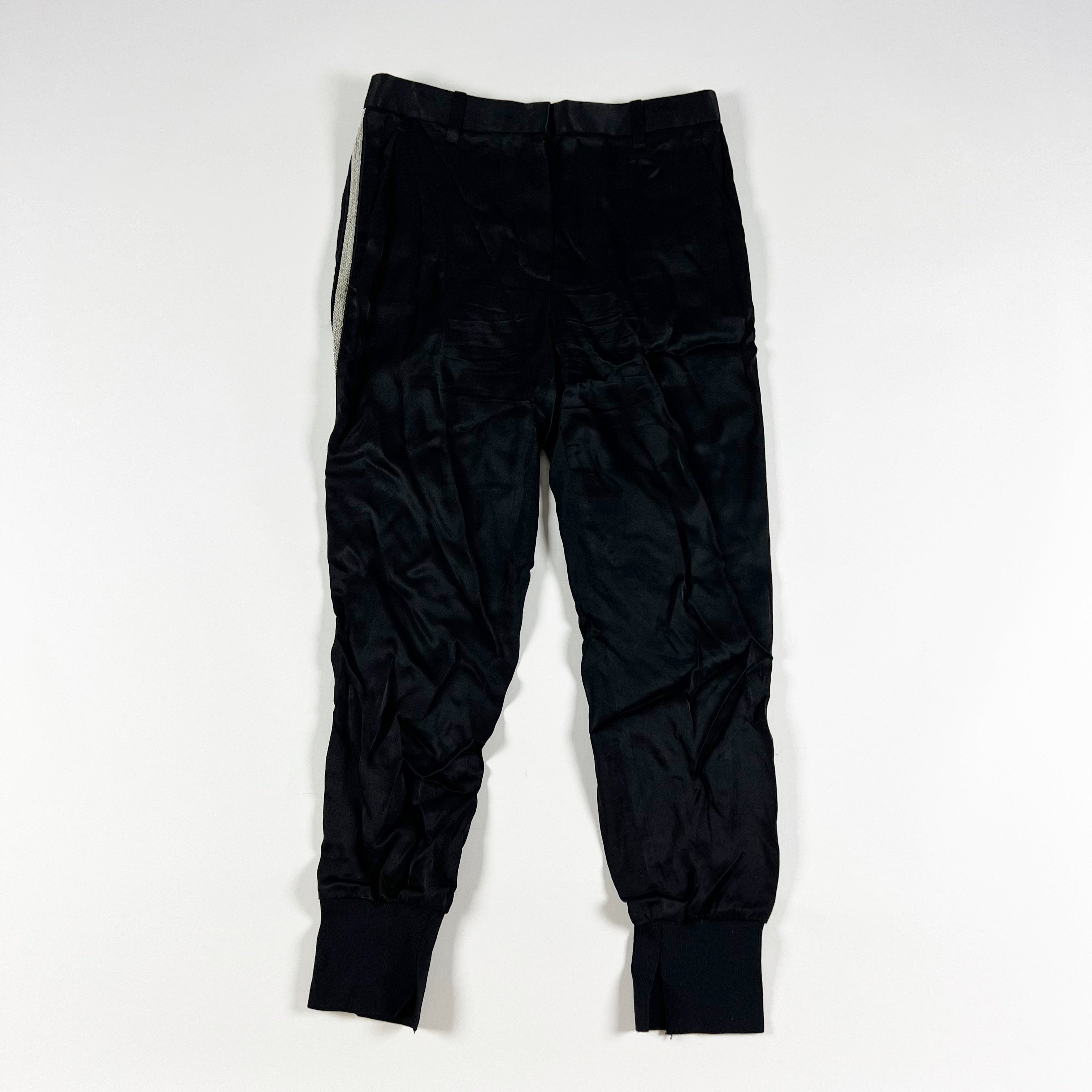 3.1 Phillip Lim Satin Beaded Tuxedo Stripe Trim Ankle Cropped Jogger Pants Black