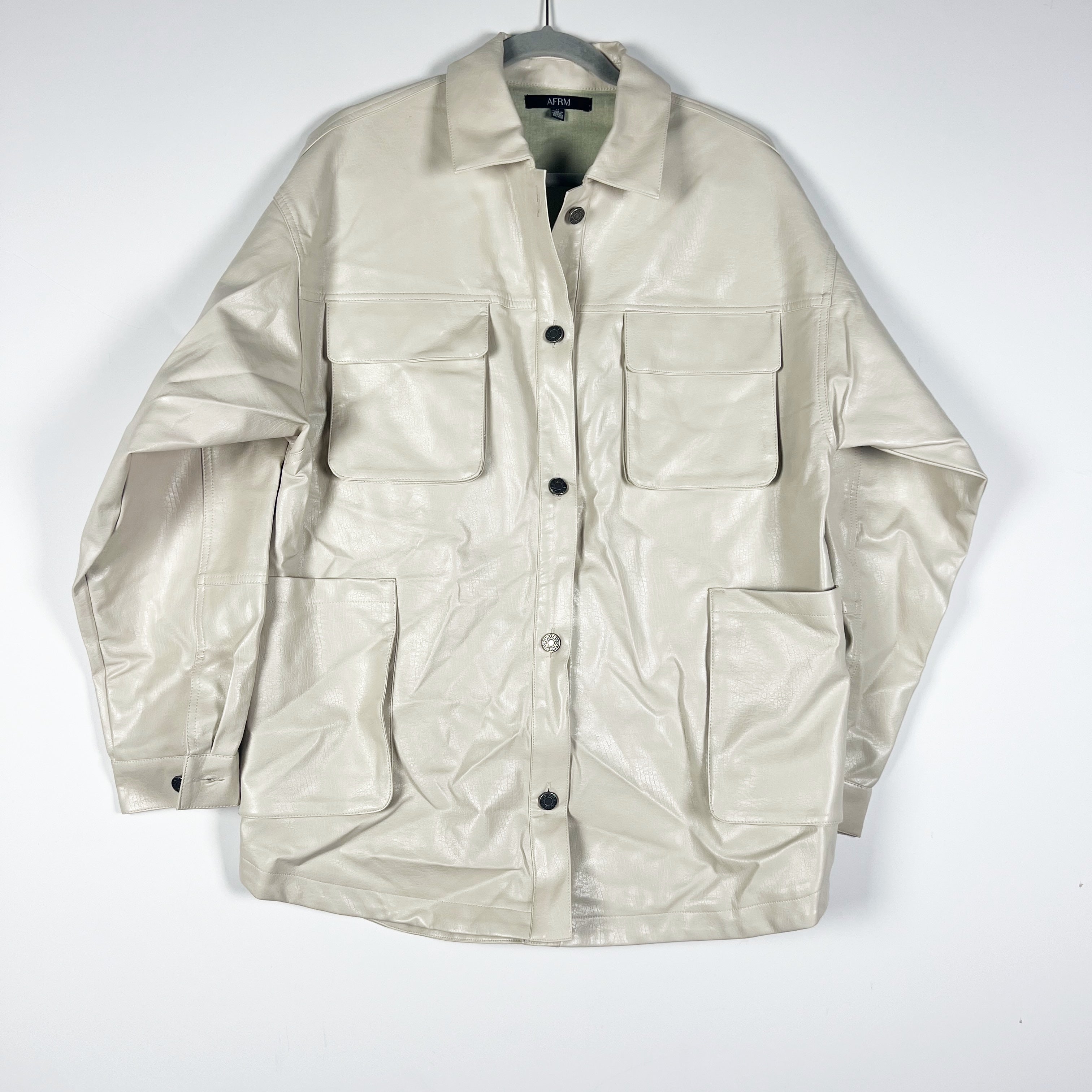 AFRM Bruno Faux Vegan Leather Collared Button Front Cargo Shacket Jacket Ivory M