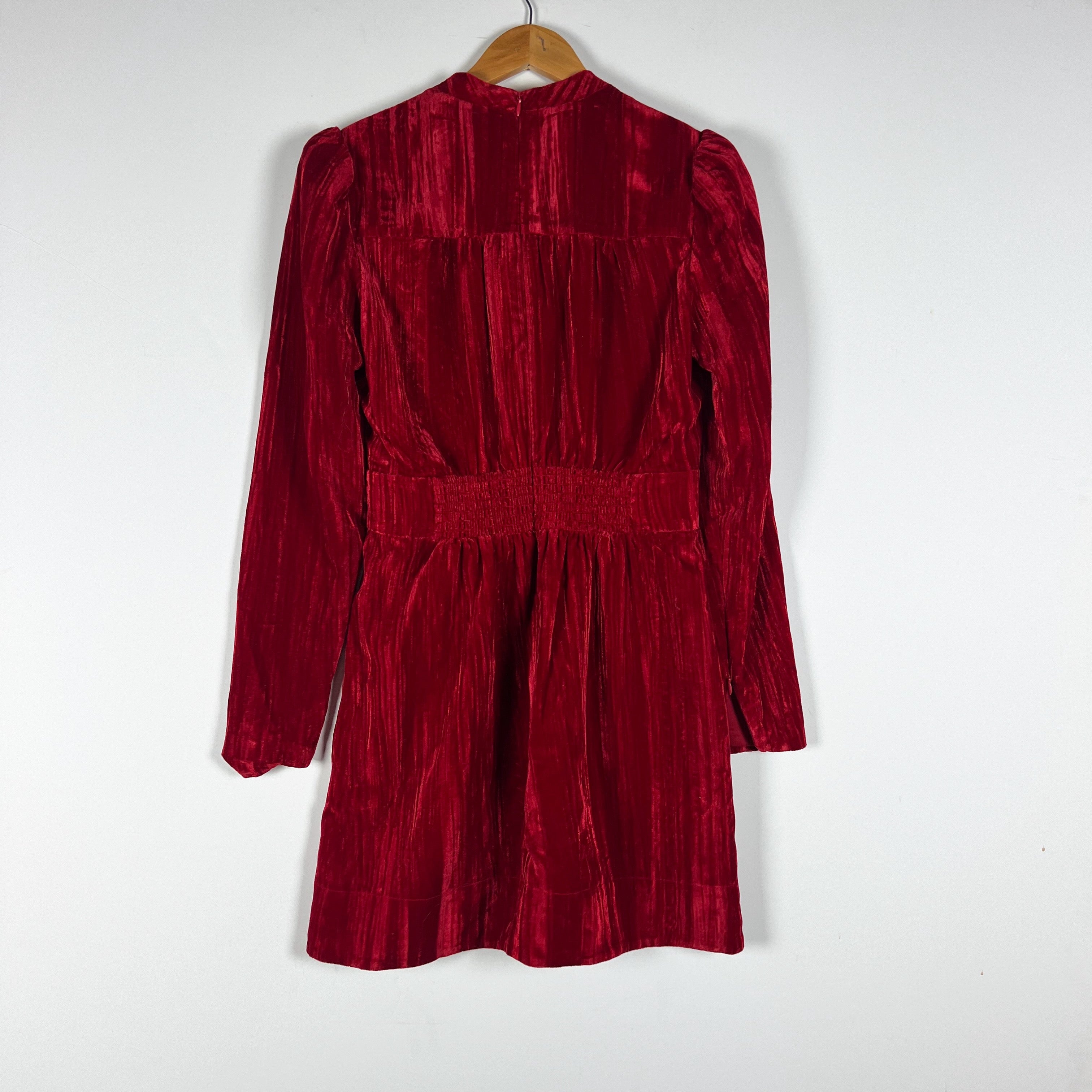 ME+EM Crushed Red Velvet Velour V Neck Long Sleeve Pullover Mini Dress 4