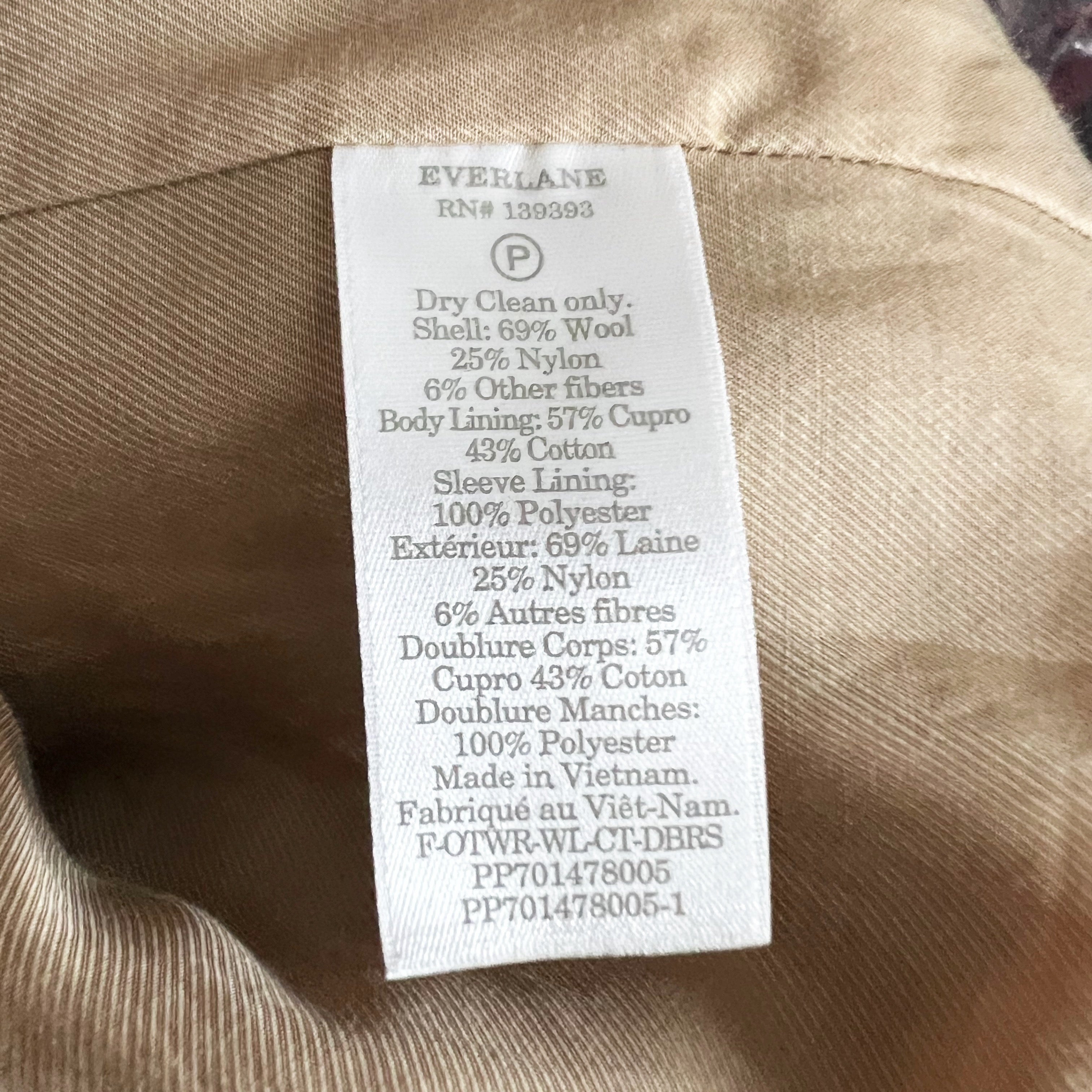 Everlane Women's Italian Re-Wool Cotton Blend Double Breasted Coat Jacket Camel