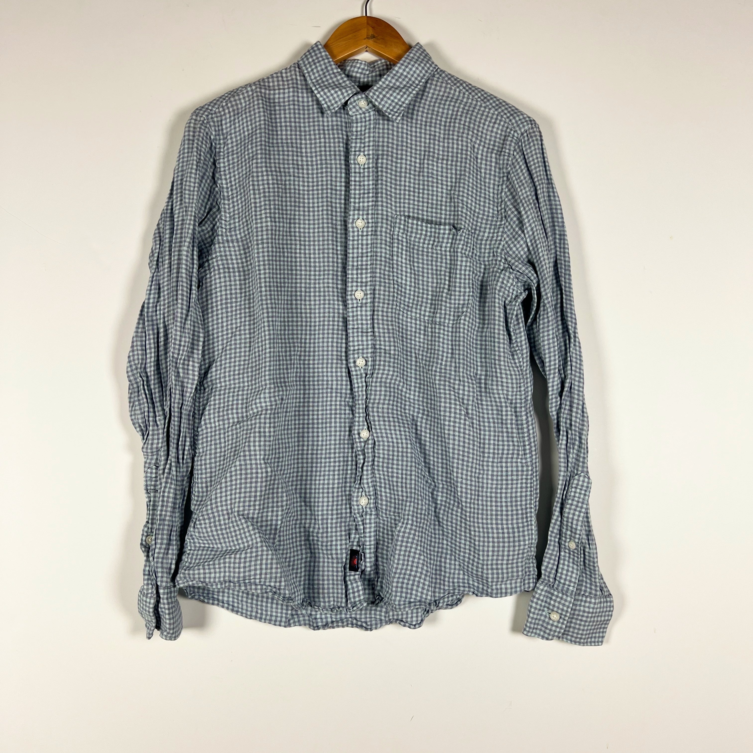 Faherty Men's Linen Collared Button Down Long Sleeve Shirt Blue Purple Gingham M