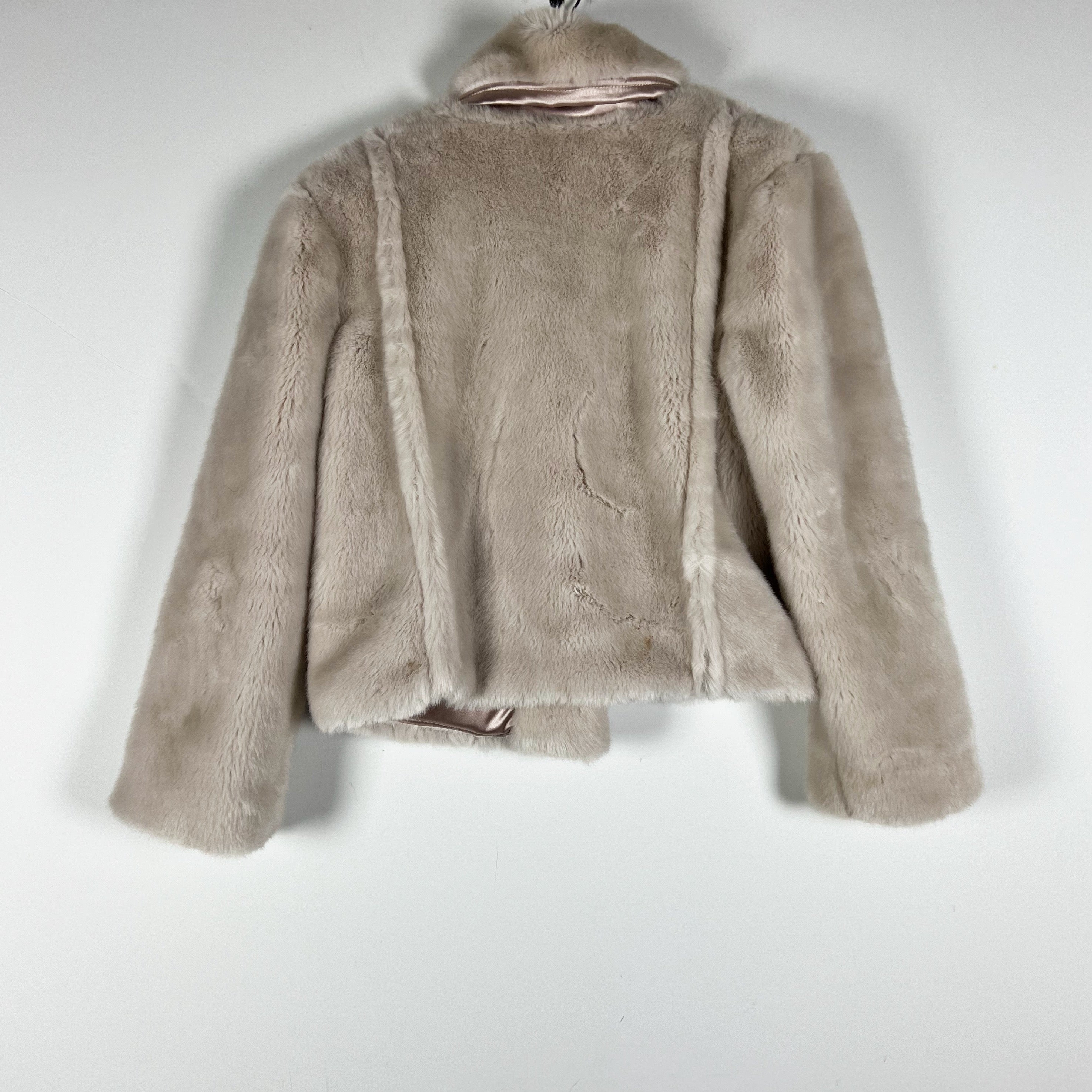 MCGUIRE Gigi Faux Vegan Fuzzy Fur Collared Jacket Coat Misty Neutral Small
