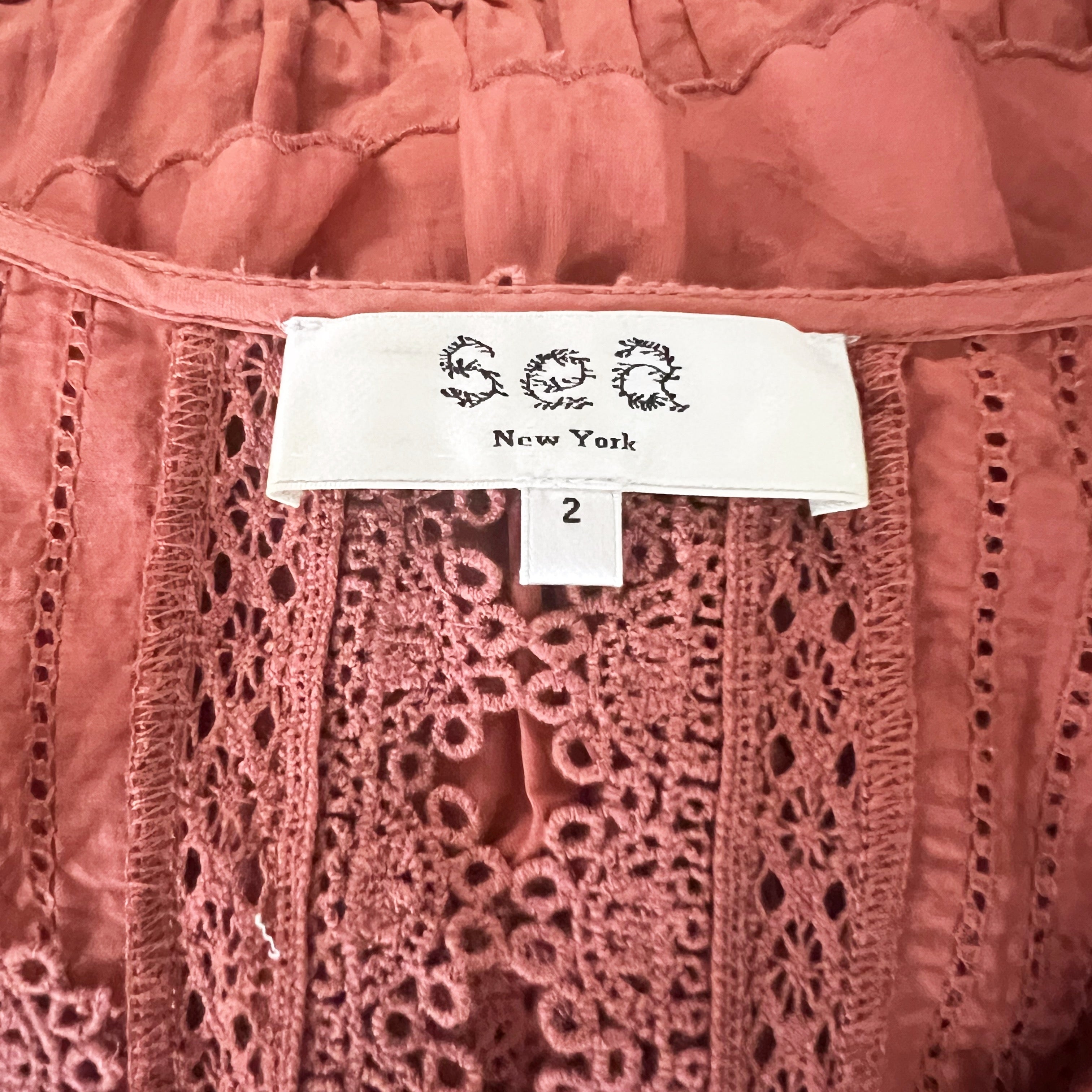 SEA New York Rosalie Crochet Pom Pom Asymmetrical Ruffle Hem Midi Dress Salmon 2