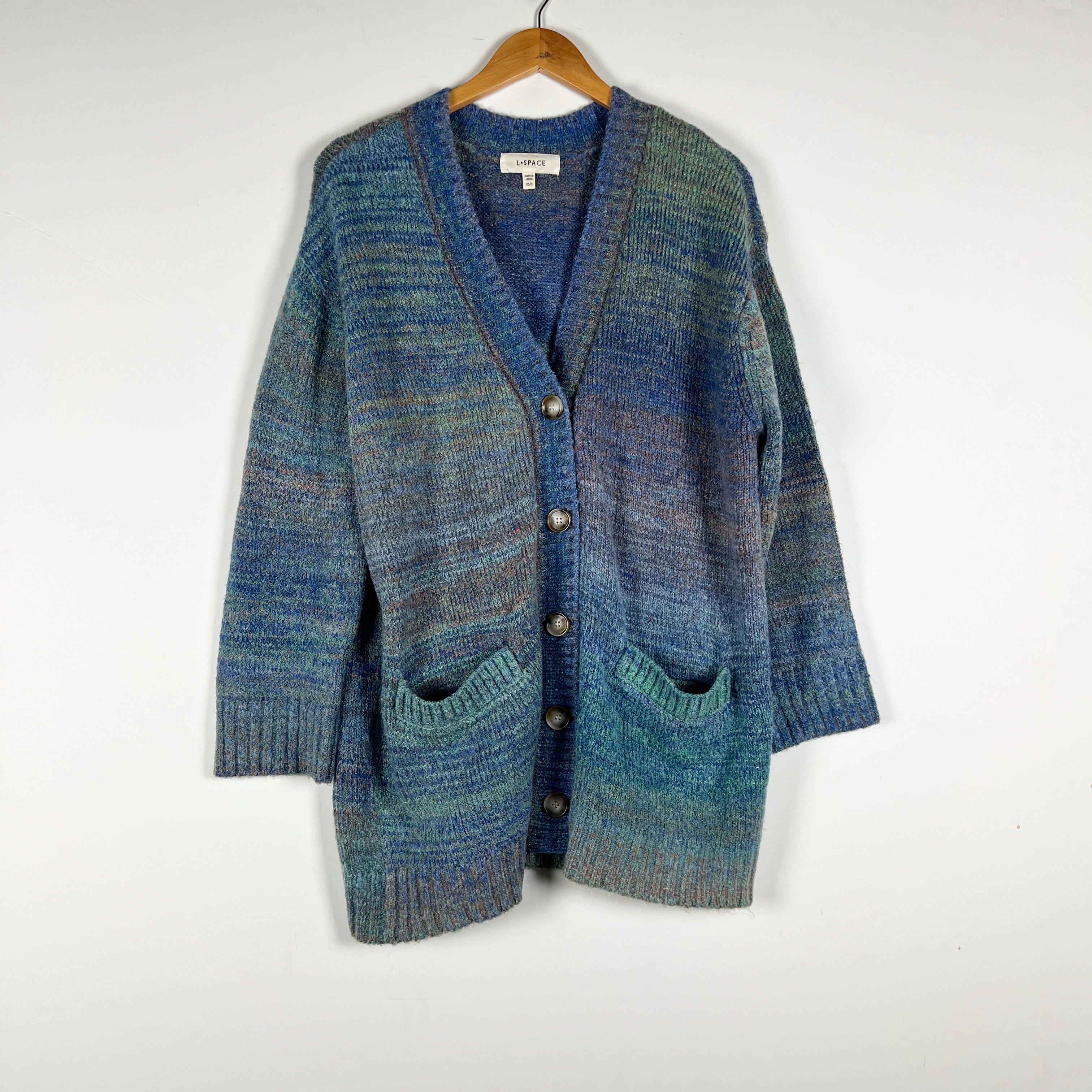 L*Space Zoe Knit Stretch Button Front Oversized Ombre Metallic Blue Cardigan