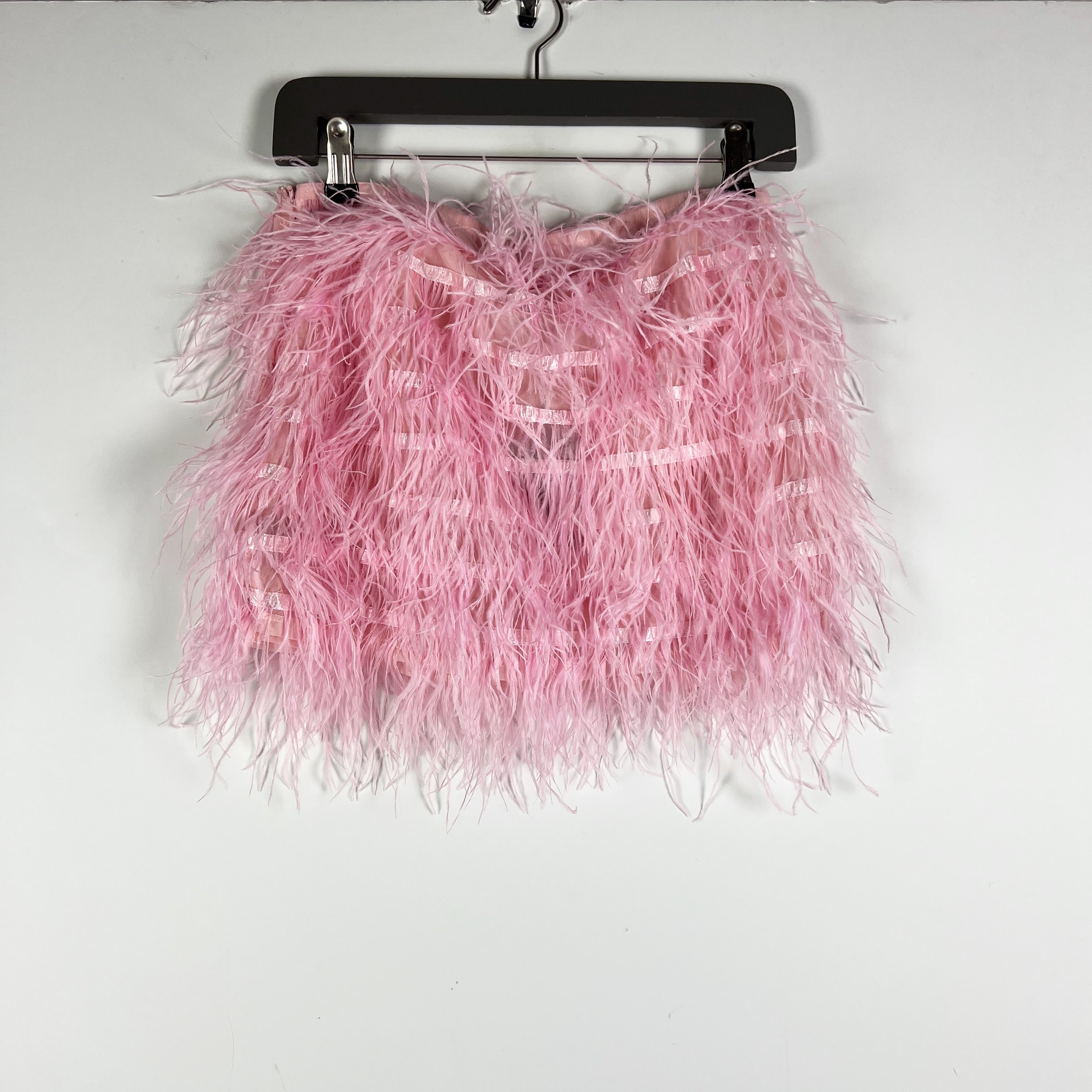 NEW NBD Octavia Feathered Embellished Semi Sheer Mini Micro Party Skirt Pink XS