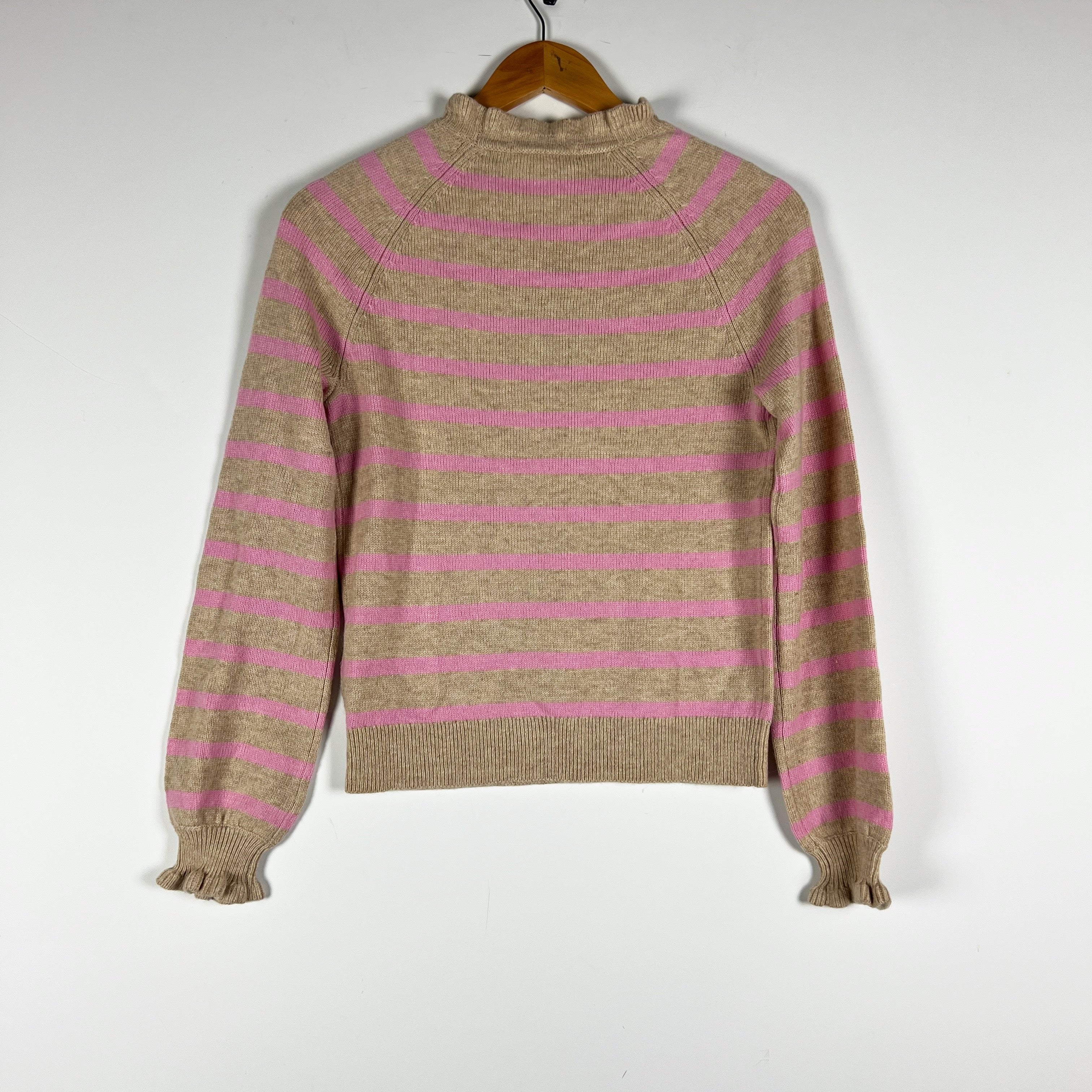 NEW Boden Fae Fair Isle Frilled Wool Blend Knit Jumper Camel Pink Stripe Print