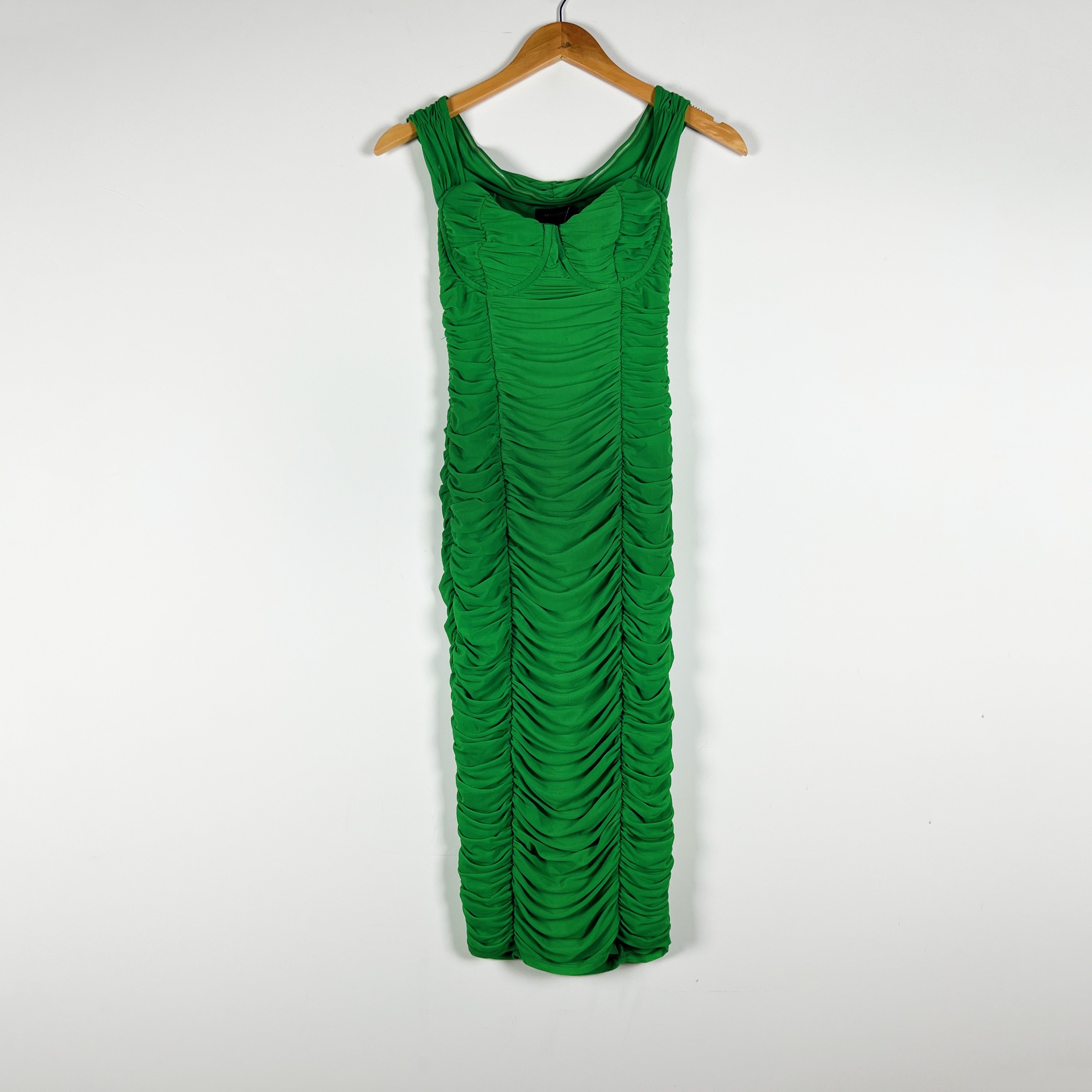 MAJORELLE Tabitha Mesh Chiffon Ruched Draped Bodycon Midi Dress Green XXS