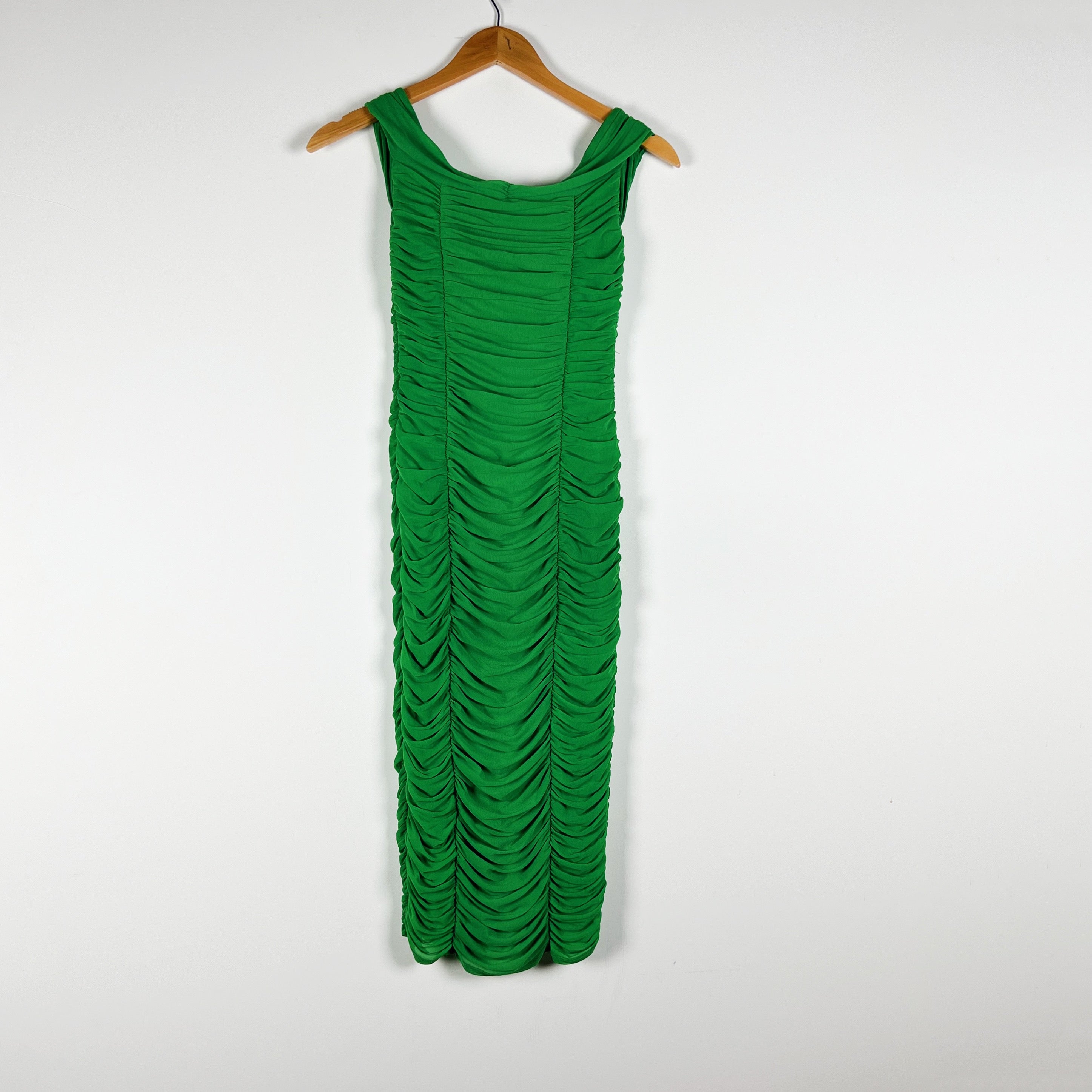 MAJORELLE Tabitha Mesh Chiffon Ruched Draped Bodycon Midi Dress Green XXS