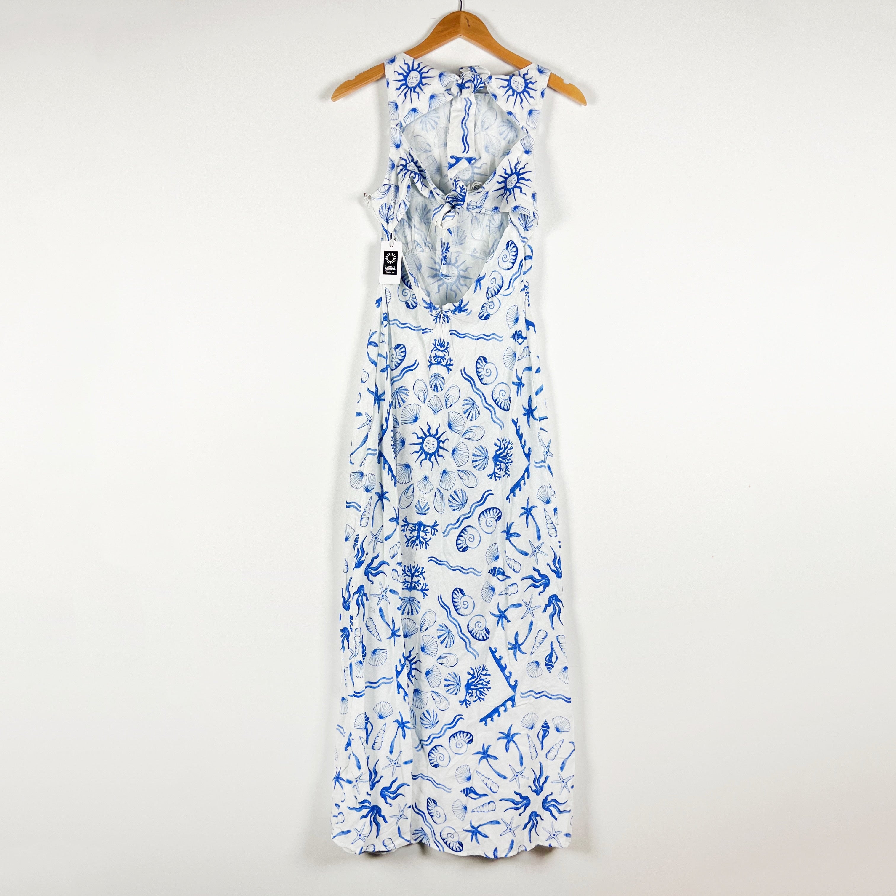 NEW Saylor Verica Cotton Linen High Neck Sleeveless Midi Dress Deep Blue Sea XS
