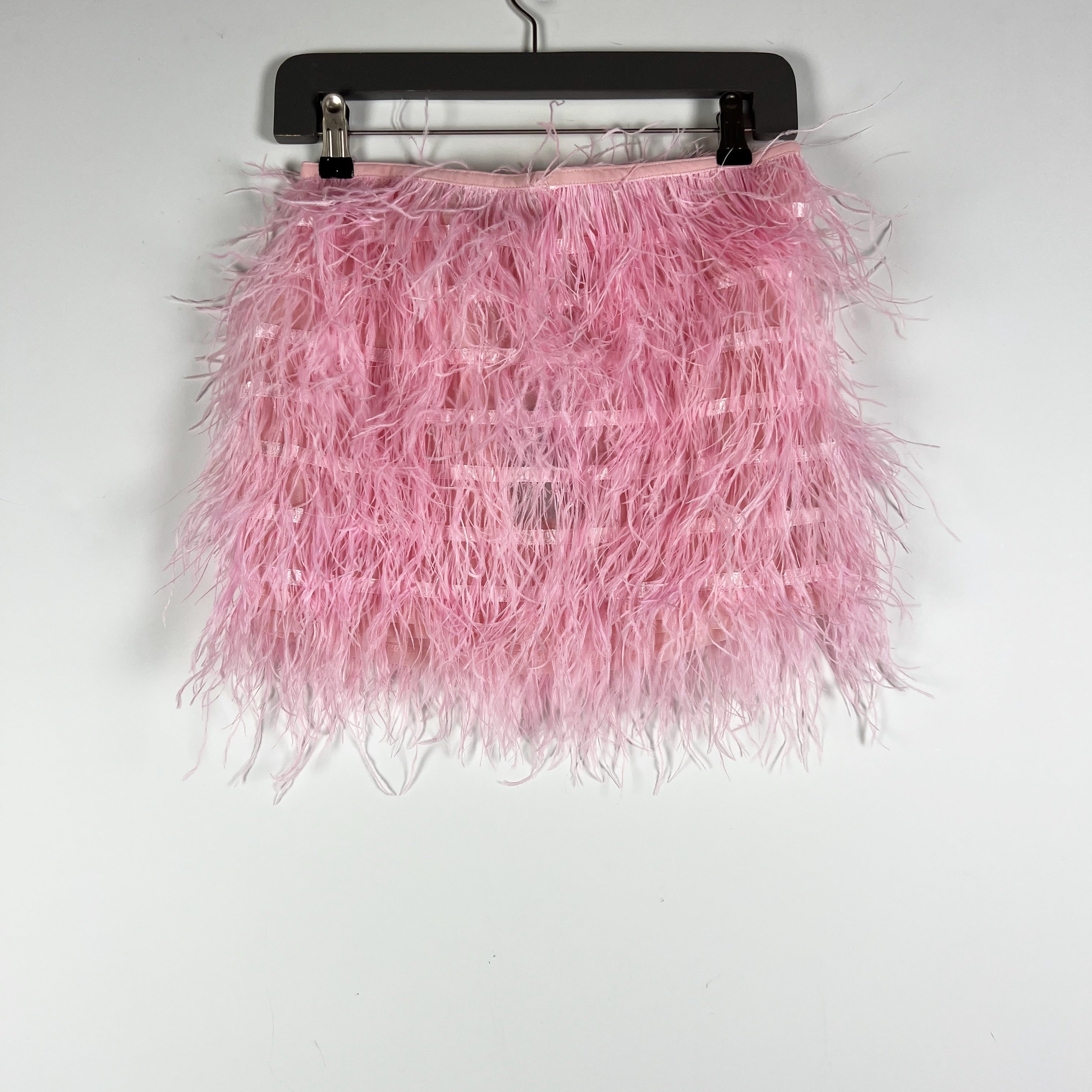 NEW NBD Octavia Feathered Embellished Semi Sheer Mini Micro Party Skirt Pink XS