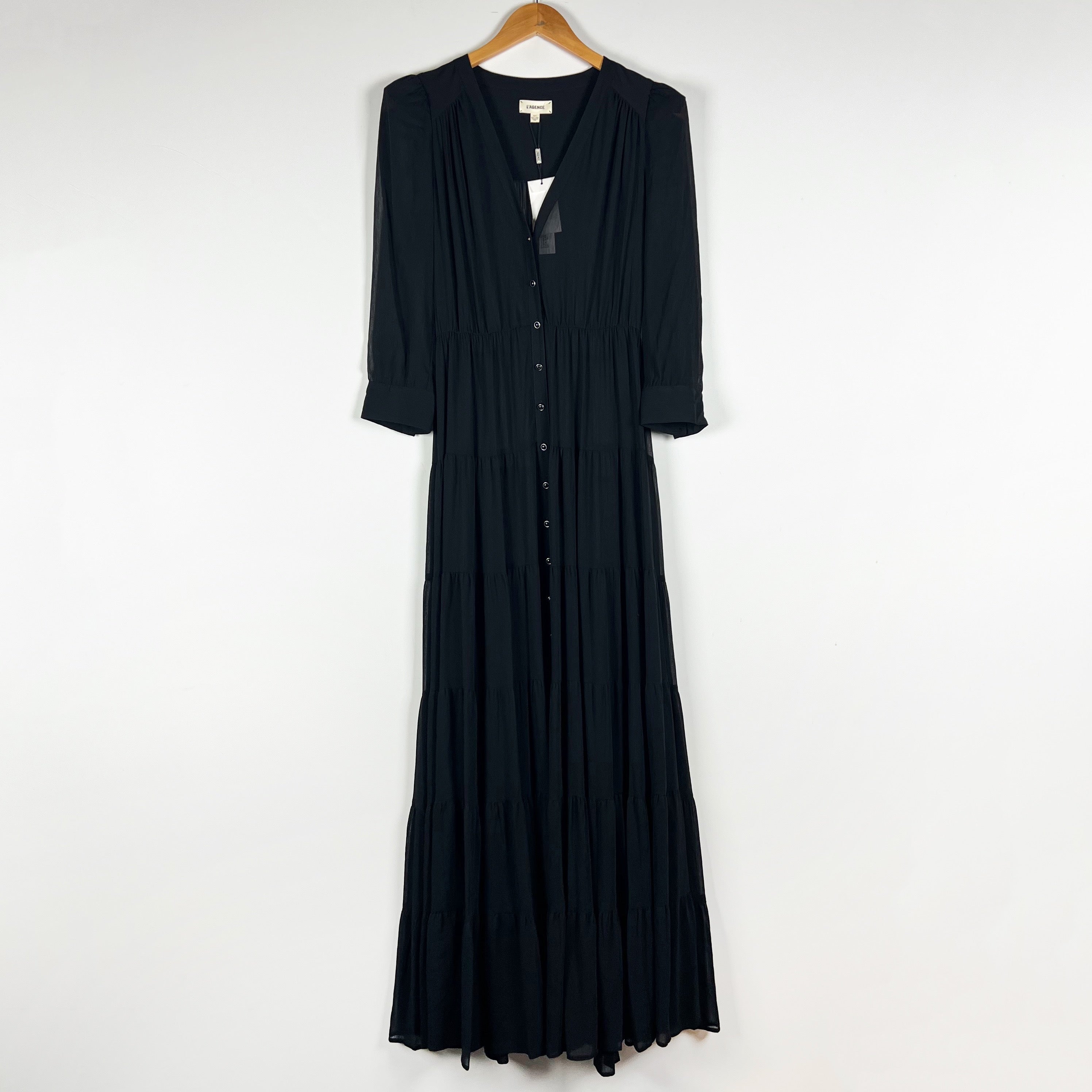 NEW L'Agence Seraphina Tiered Chiffon V Neck Long Sleeve Maxi Dress Black XS