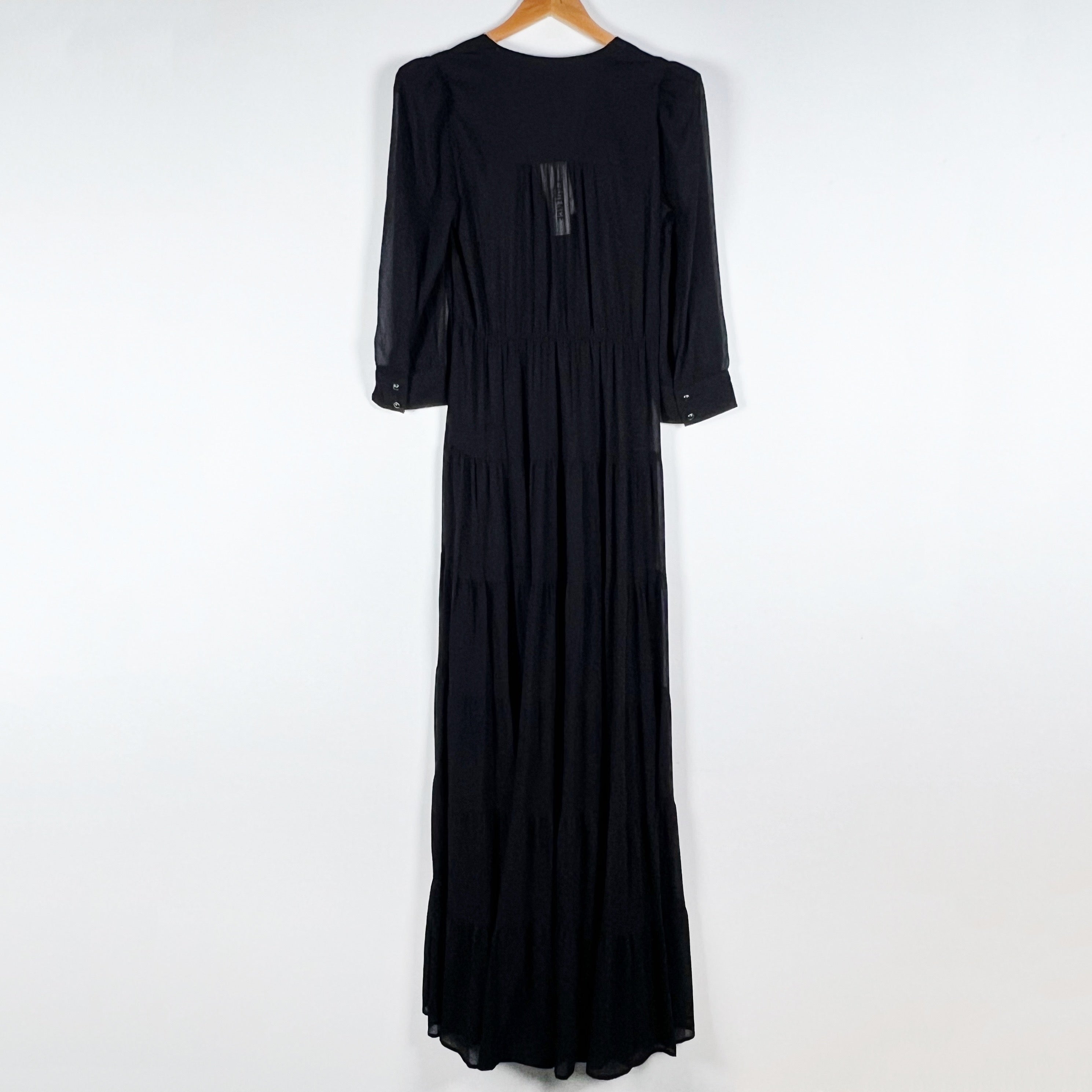 NEW L'Agence Seraphina Tiered Chiffon V Neck Long Sleeve Maxi Dress Black XS