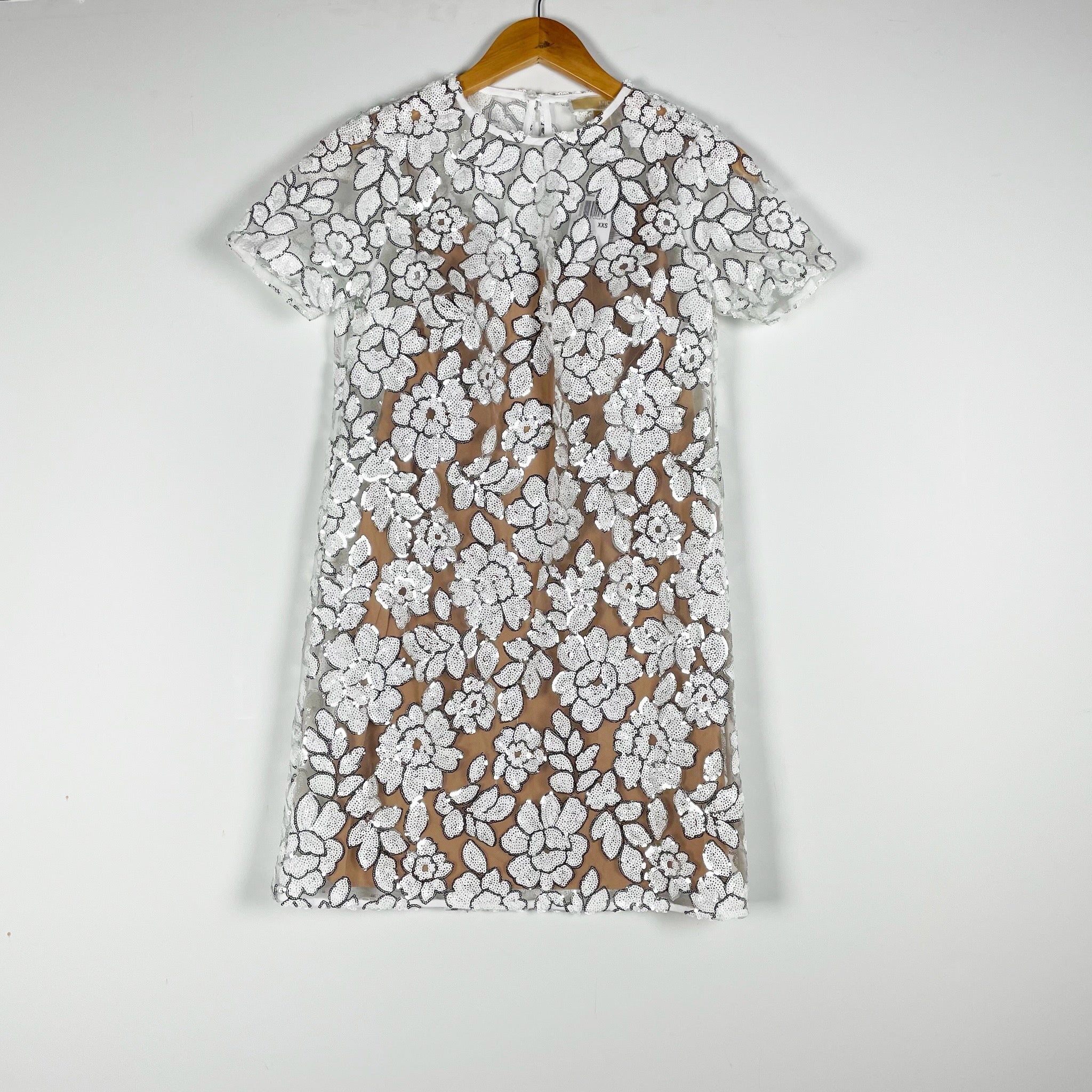 NEW Michael Kors White Sequined Embellished Floral Mesh Mini T-Shirt Dress XXS