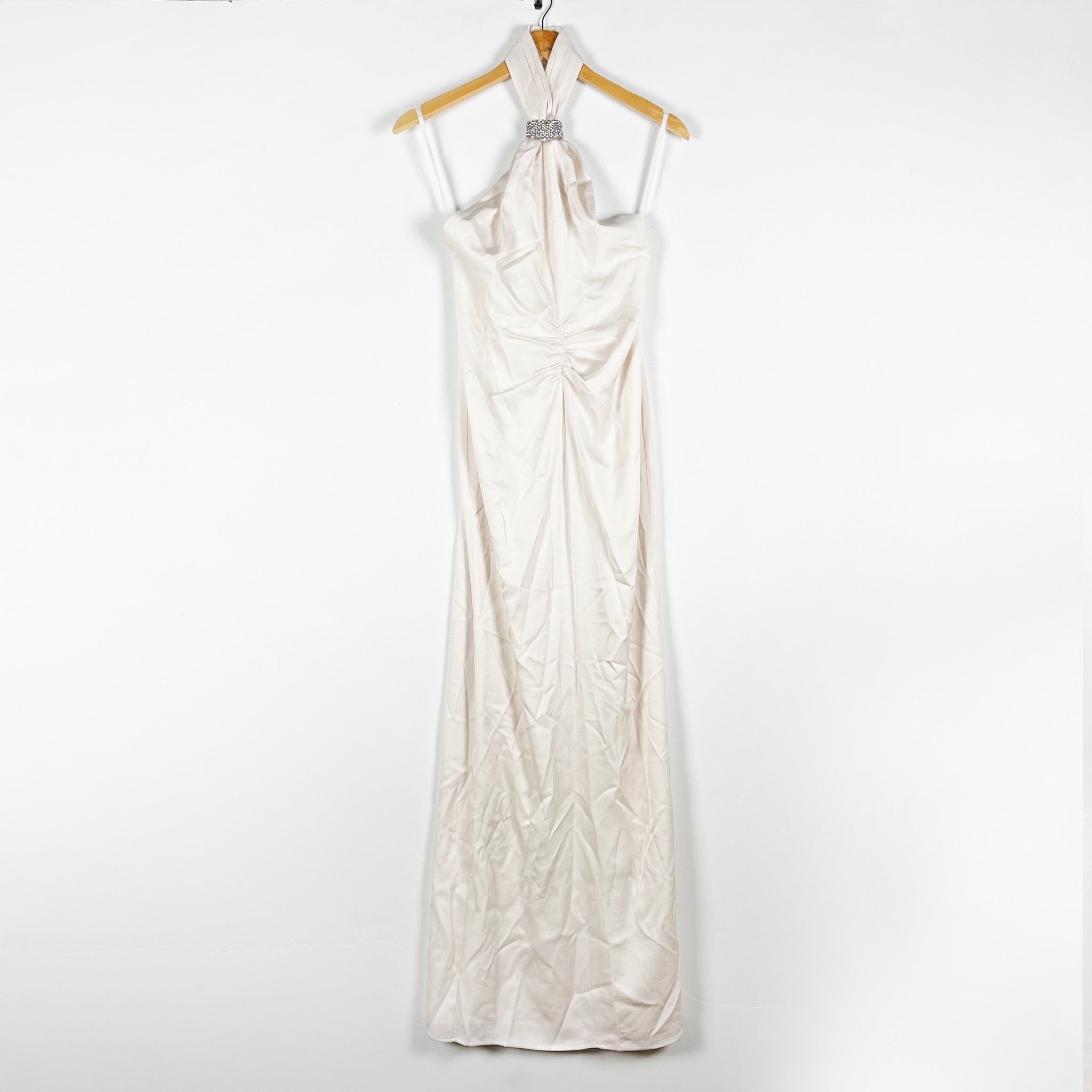 NEW Meshki Freja Halter Maxi Dress Crystal Jewel Hardware Blush Ivory Satin Slip