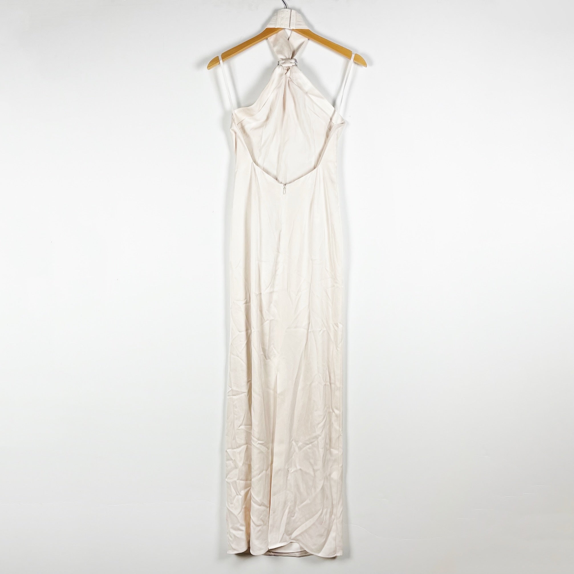 NEW Meshki Freja Halter Maxi Dress Crystal Jewel Hardware Blush Ivory Satin Slip